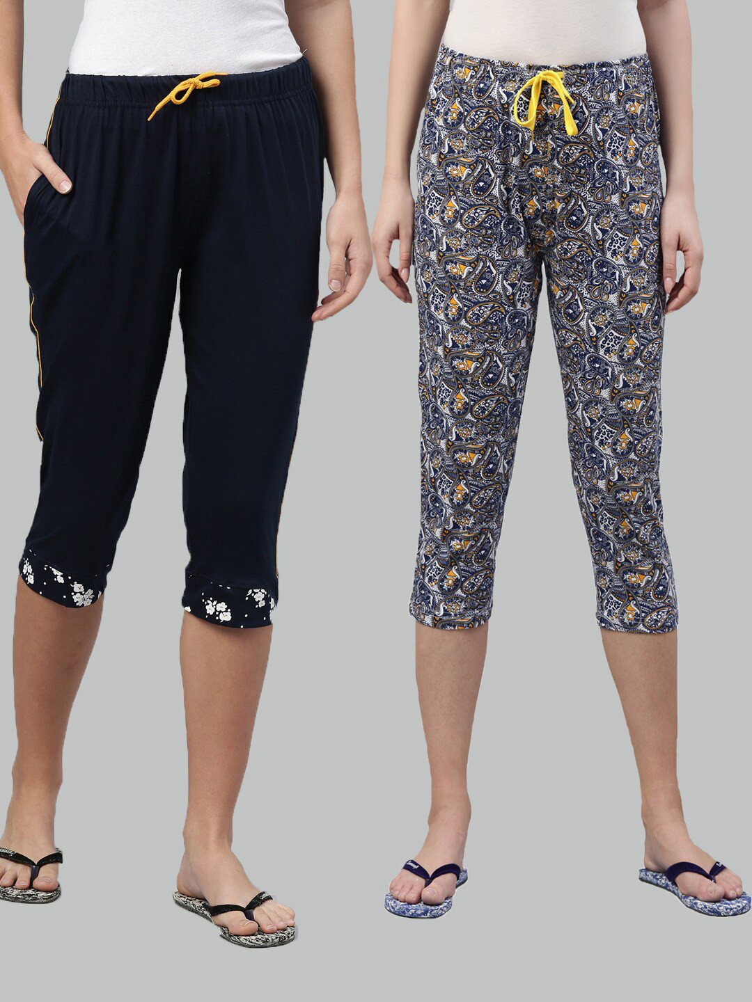 

Kryptic Women Pack of 2 Navy Blue & White Printed Cotton Capris