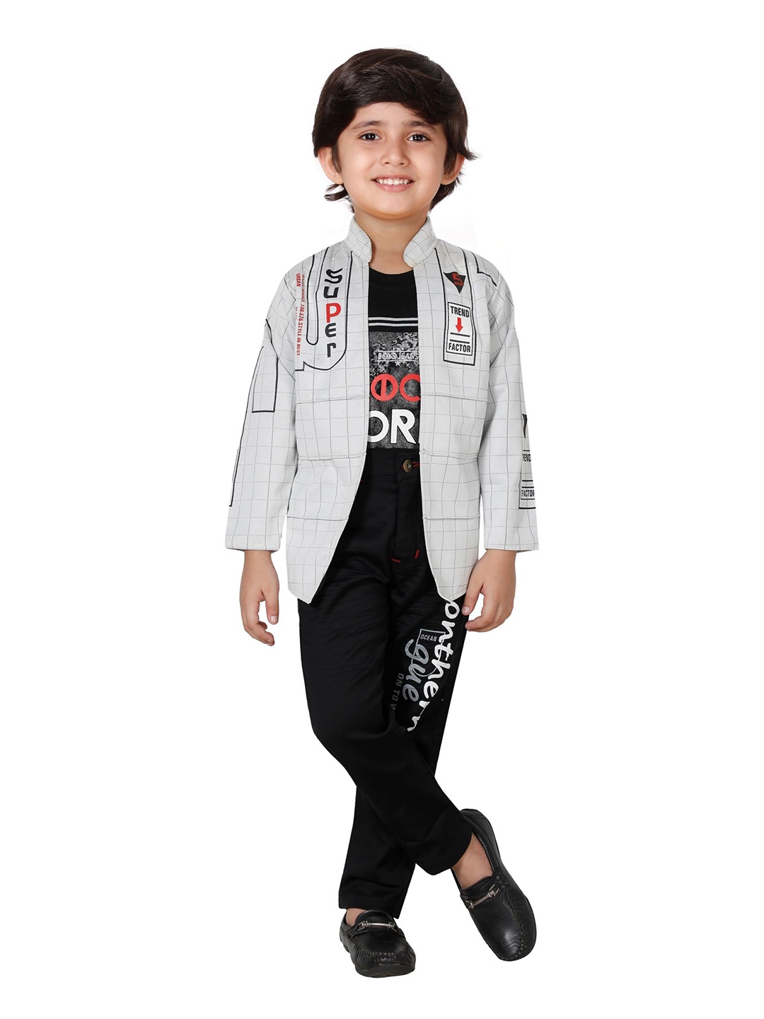 

DKGF FASHION Boys Grey & Black Printed Shirt with Trousers