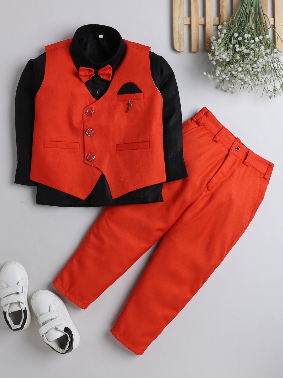 

DKGF FASHION Boys Orange Shirt with Trousers & Waistcoat