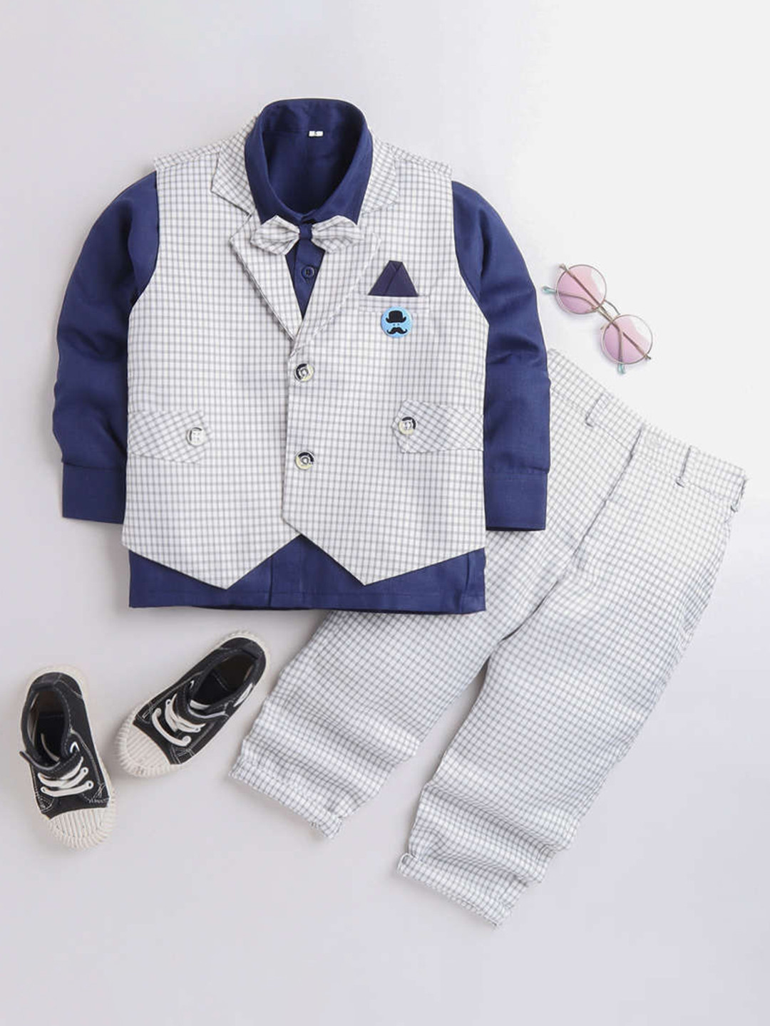 

DKGF FASHION Boys Navy Blue & Grey 3 Pieces Suit