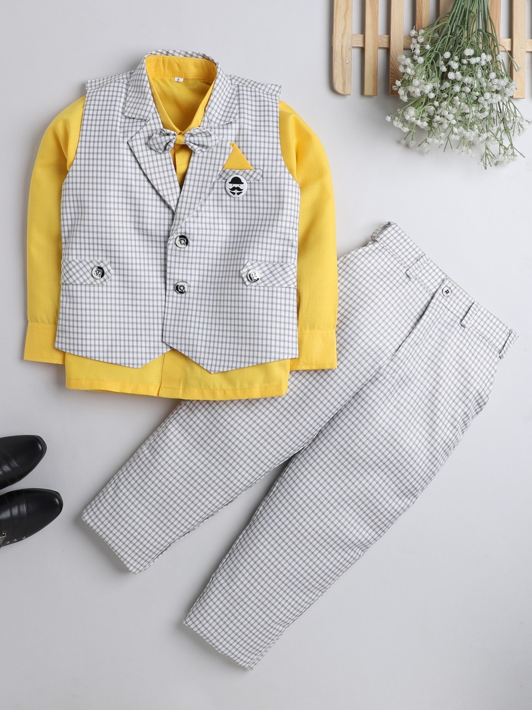 

DKGF FASHION Boys Yellow & Grey Shirt with Trousers