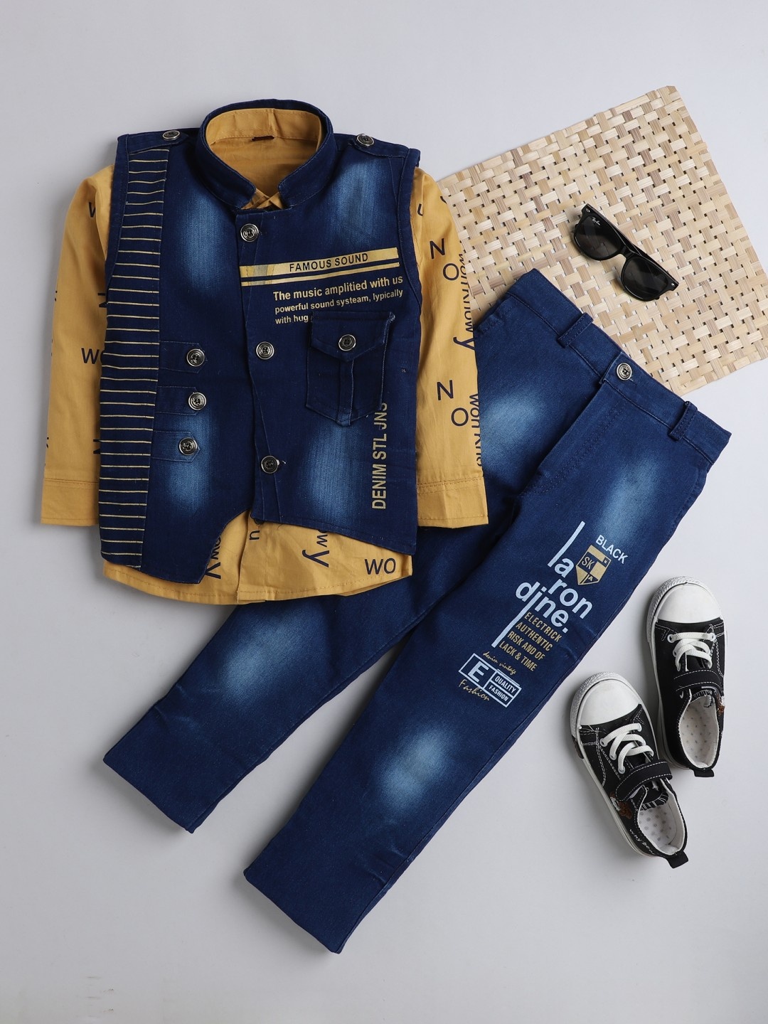 

DKGF FASHION Boys Mustard & Navy Blue Shirt with Trousers & WaistCoat