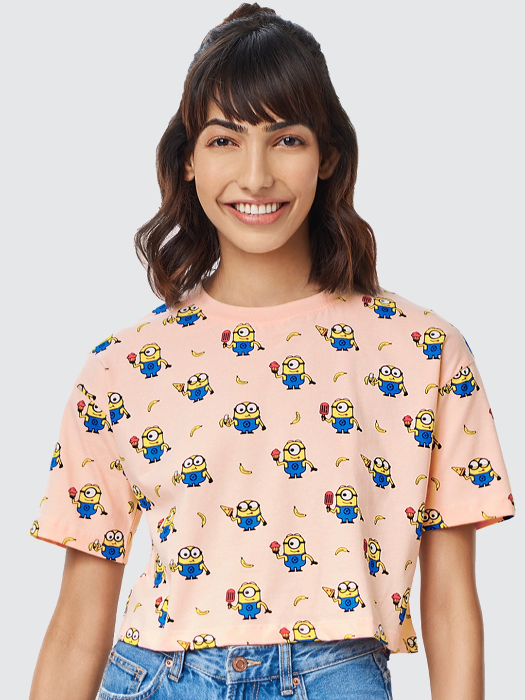 

The Souled Store Women Peach-Coloured Minions Printed Boxy Oversized T-shirt