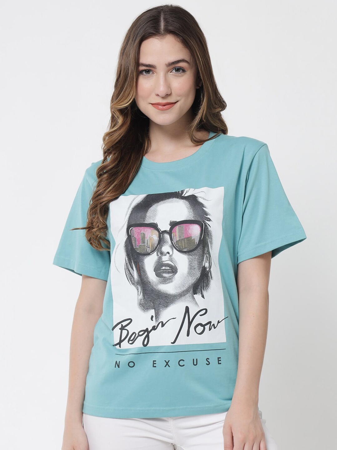 

The Dry State Women Turquoise Blue Graphic Printed Cotton Oversized T-shirt