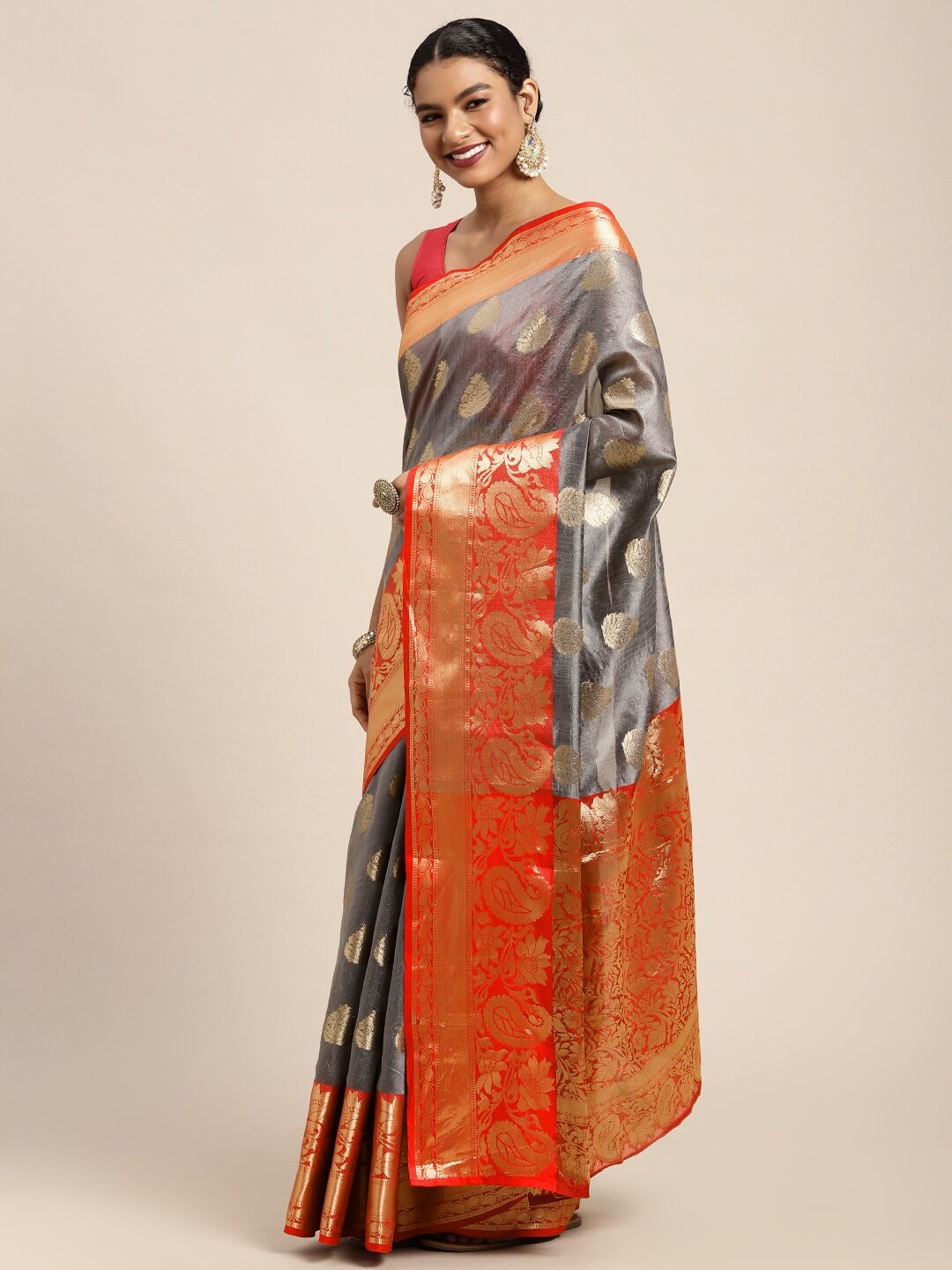 

Silk Land Grey & Golden Ethnic Motifs Zari Banarasi Saree
