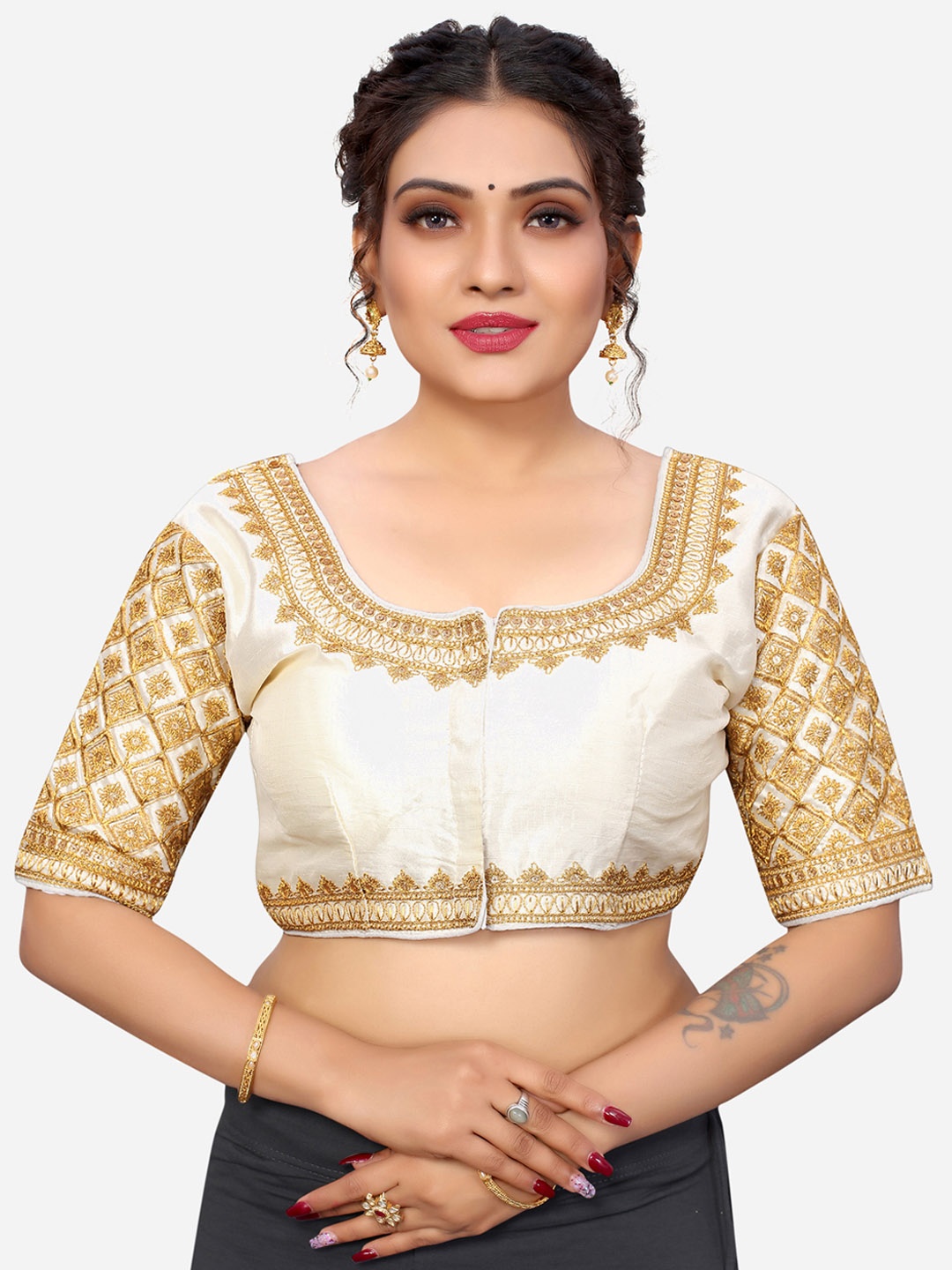 

SIRIL Women White & Gold Embroidered Silk Readymade Saree Blouse