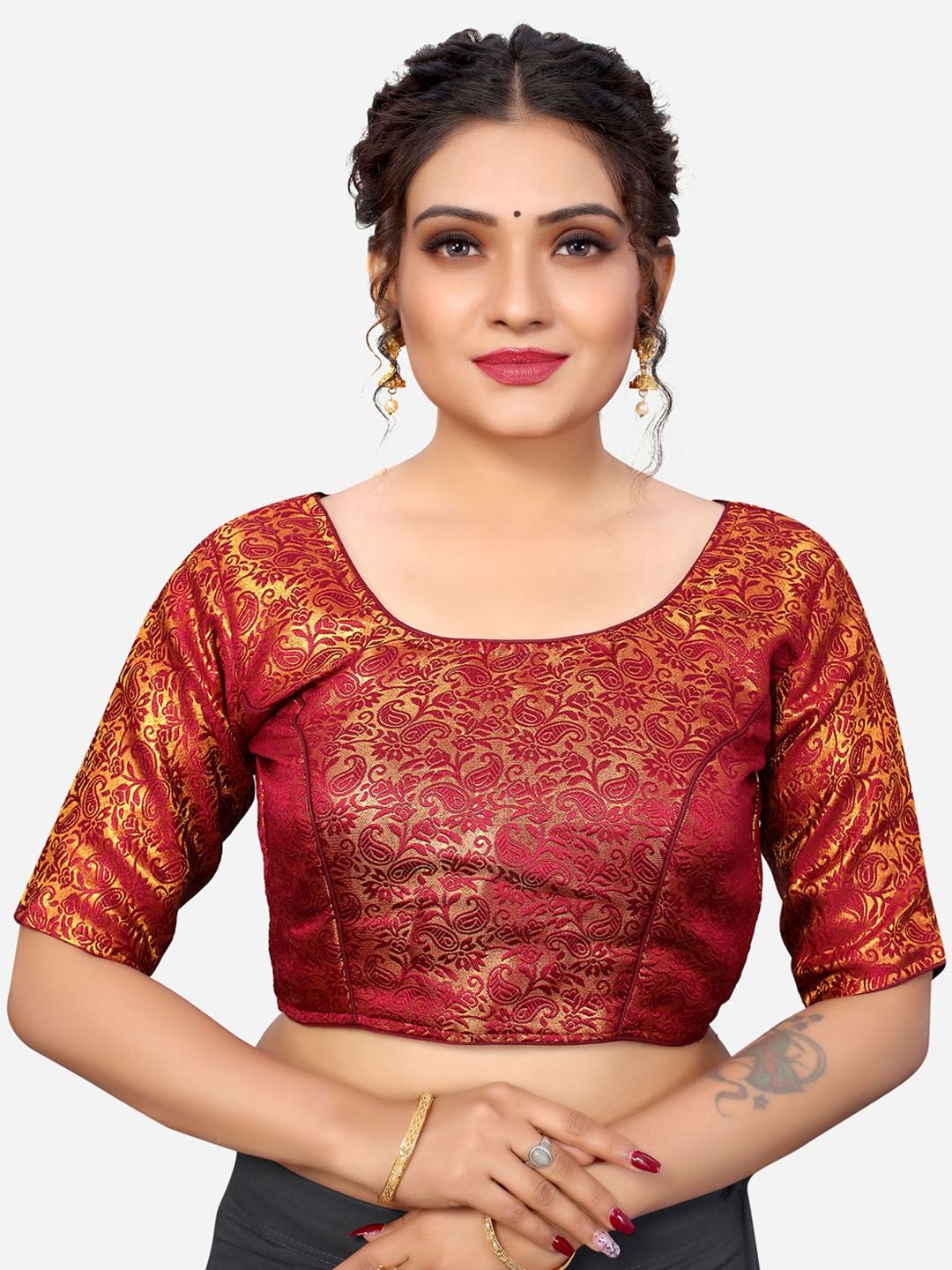 

SIRIL Maroon Woven Design Padded Saree Blouse