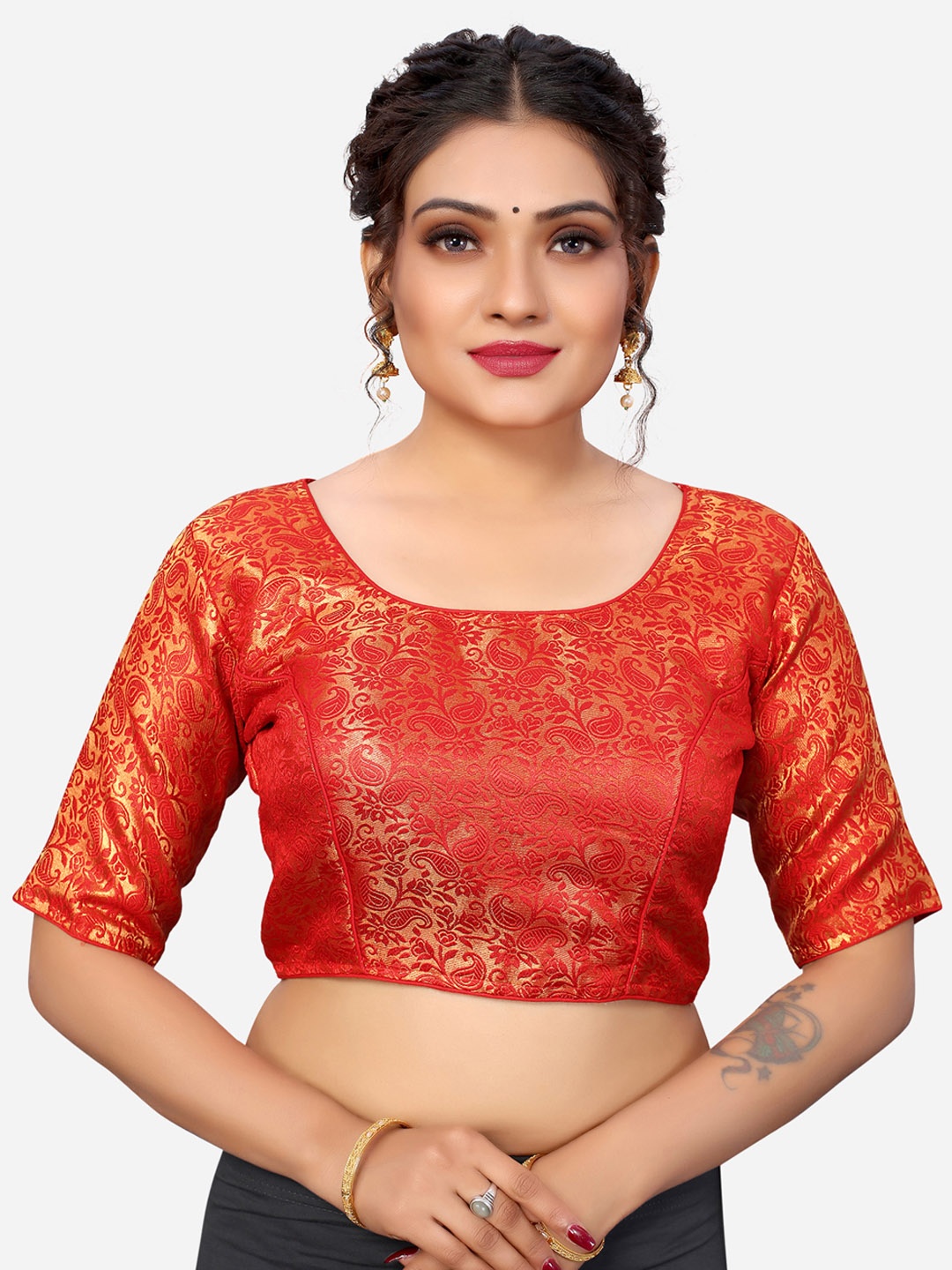 

SIRIL Red Woven Design Padded Saree Blouse