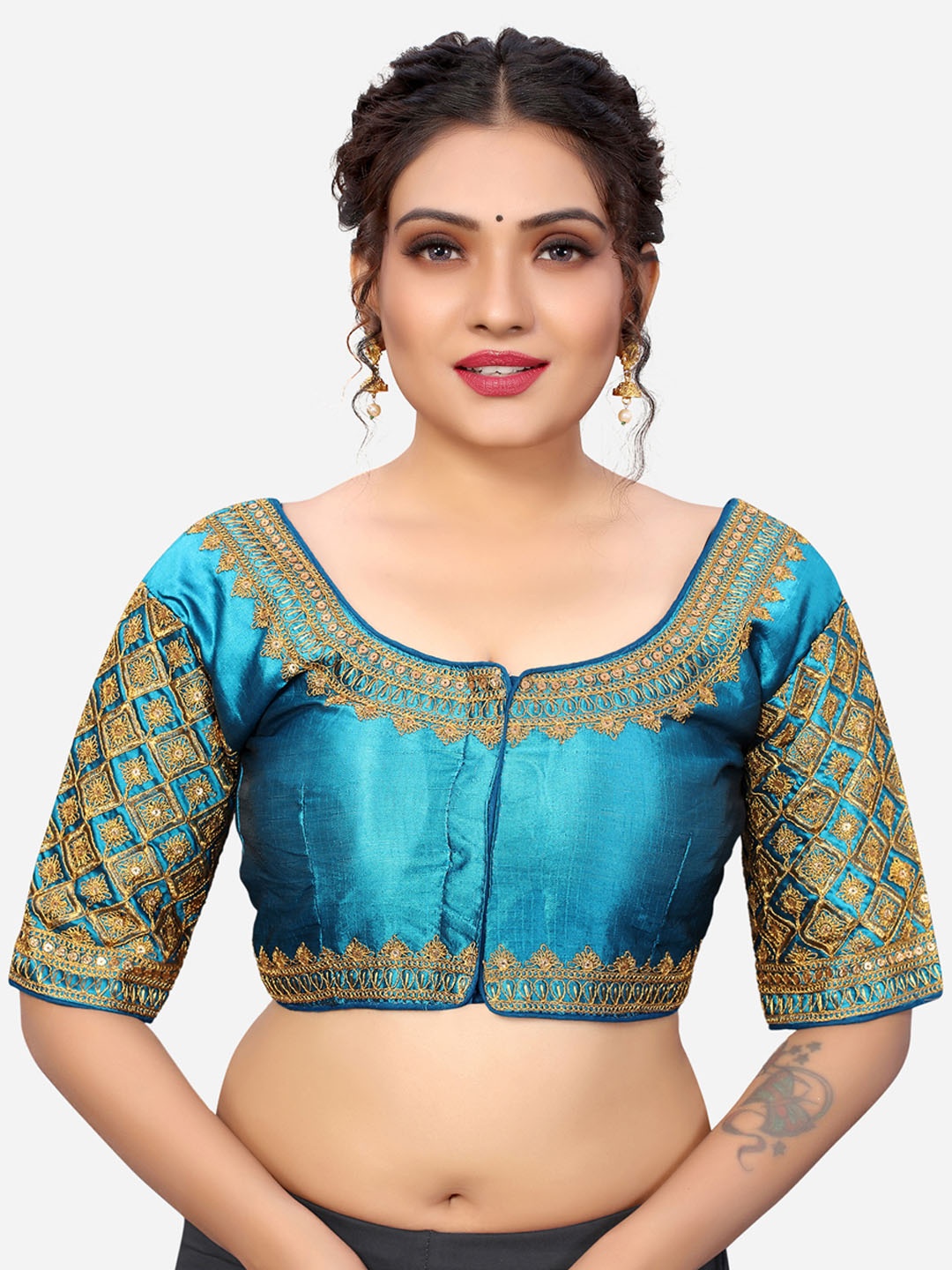 

SIRIL ]Blue Embroidered Silk Readymade Saree Blouse