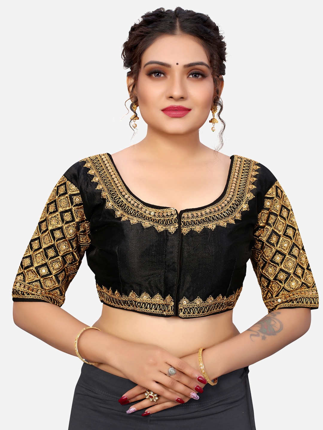 

SIRIL Black & Gold Embroidered Readymade Saree Blouse