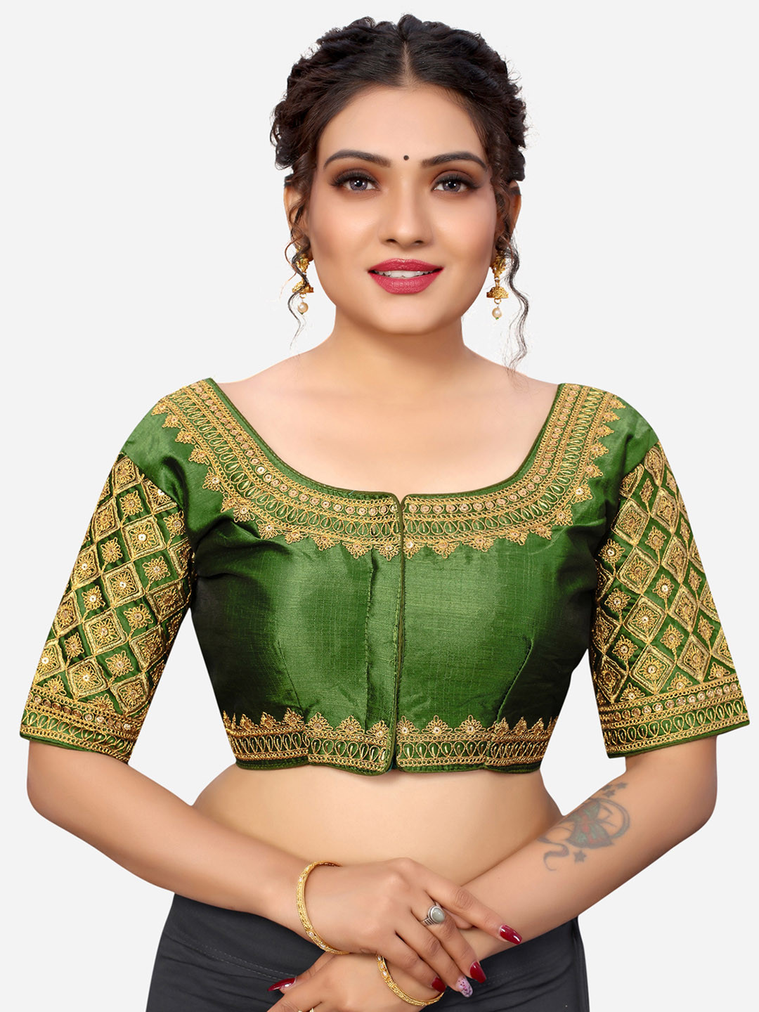 

SIRIL Women Olive & Gold Embroidered Saree Blouse