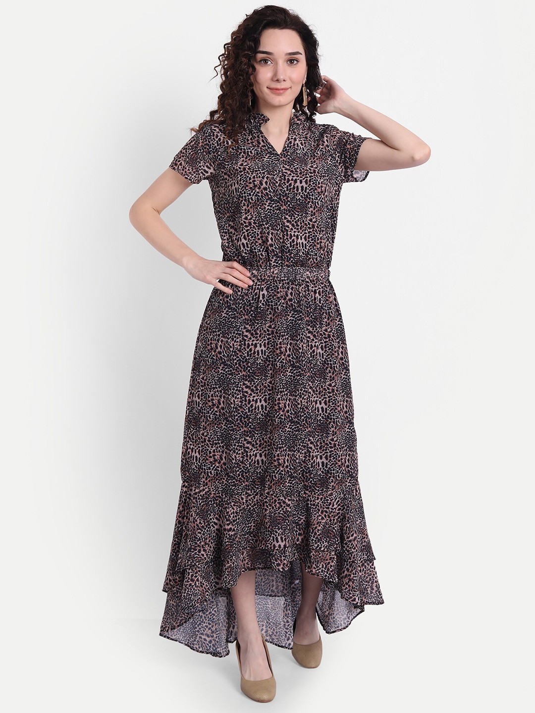 

CHARMGAL Brown Animal Printed Ruffled Maxi Dress