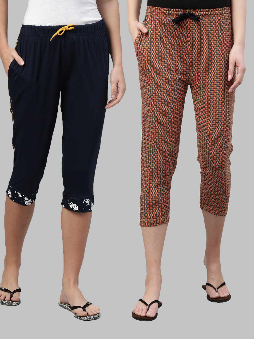 

Kryptic Pack of 2 Women Navy Blue & Mustard Cotton Capris