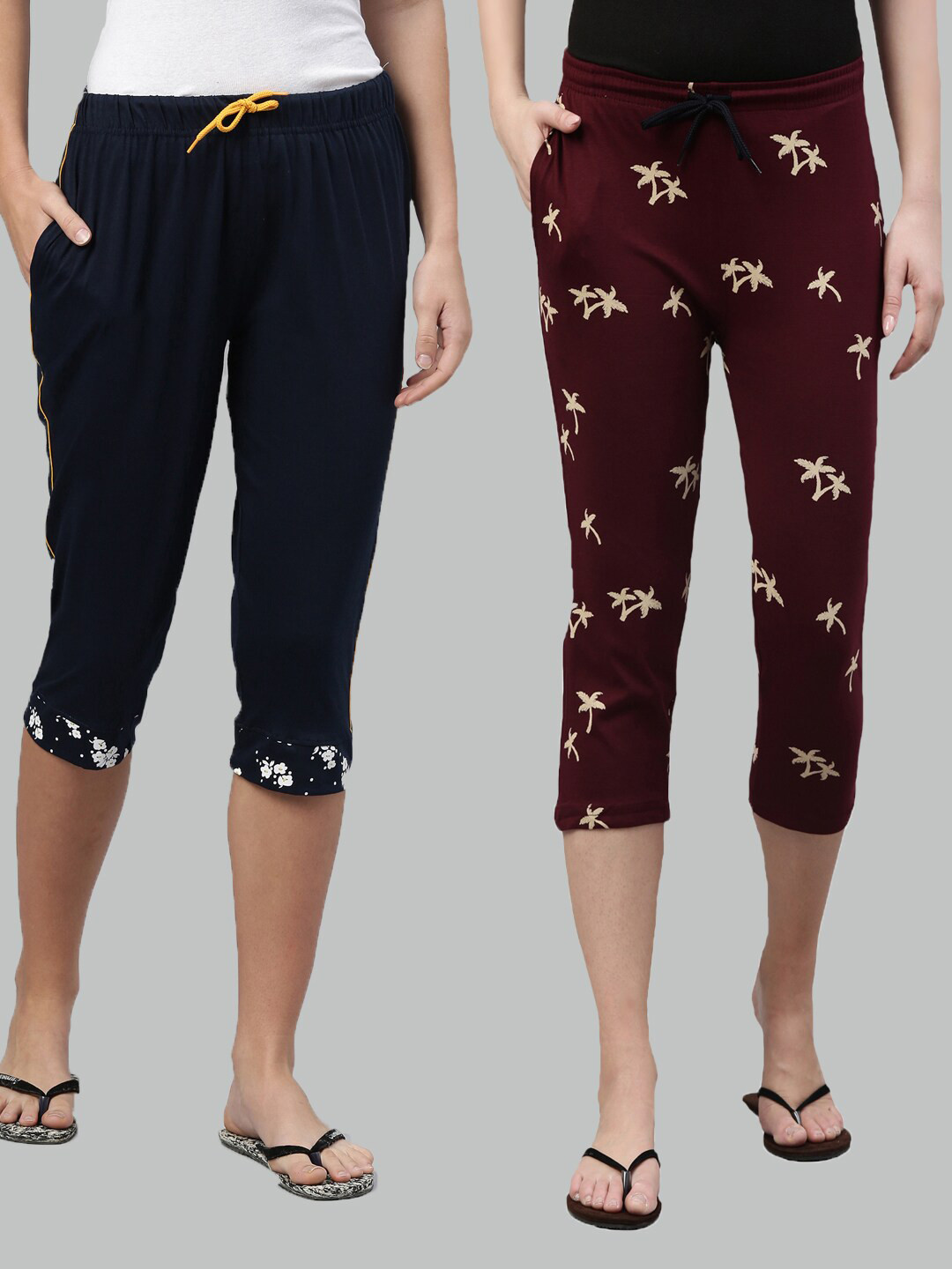 

Kryptic Women Pack of 2 Navy Blue & Maroon Printed Mid Rise Cotton Capris