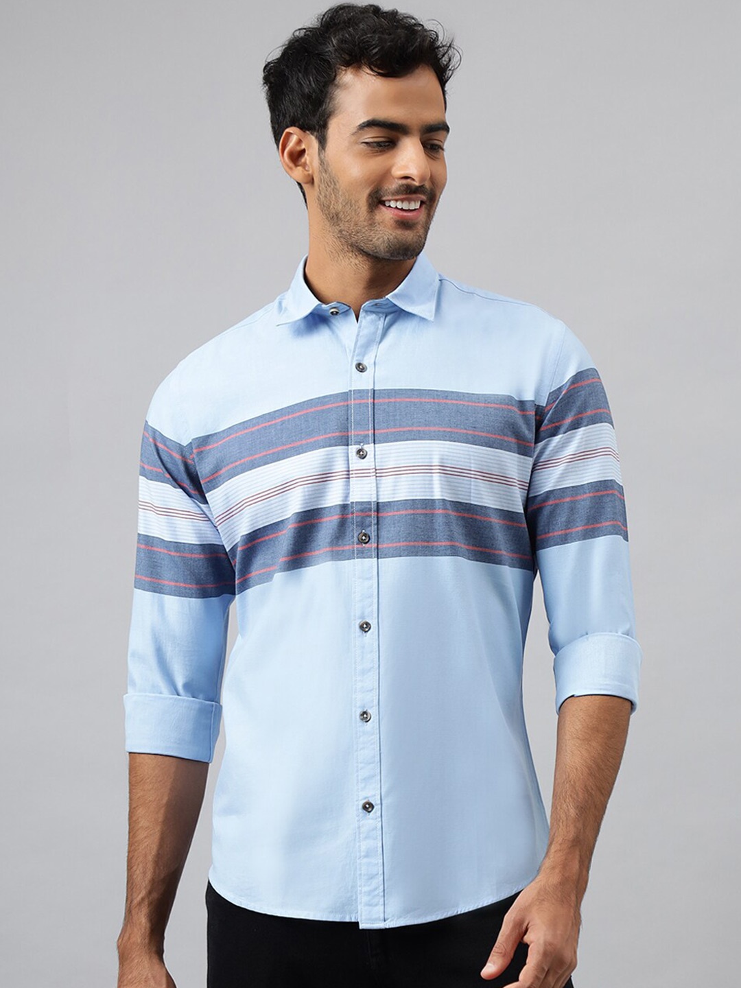 

MR BUTTON Men Blue Slim Fit Horizontal Stripes Striped Cotton Casual Shirt