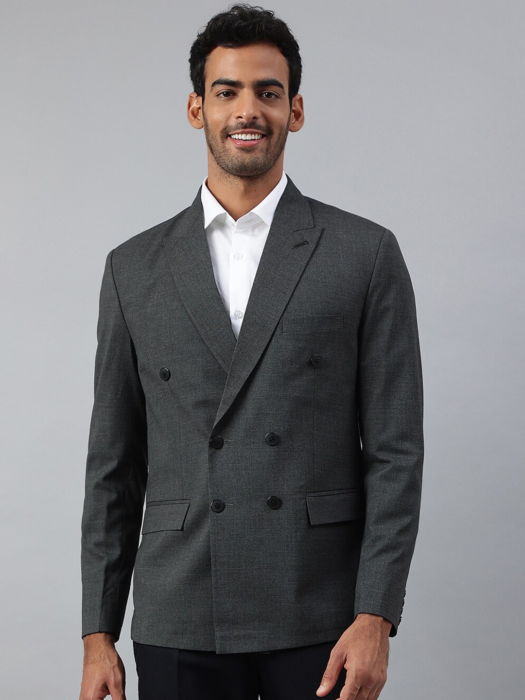 

MR BUTTON Men Grey Solid Single-Breasted Slim-Fit Blazer