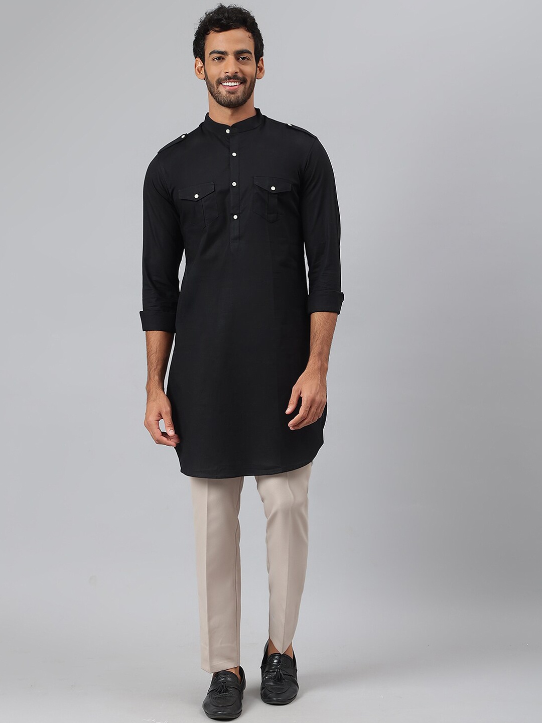 

MR BUTTON Men Black Pathani Pure Cotton Kurta