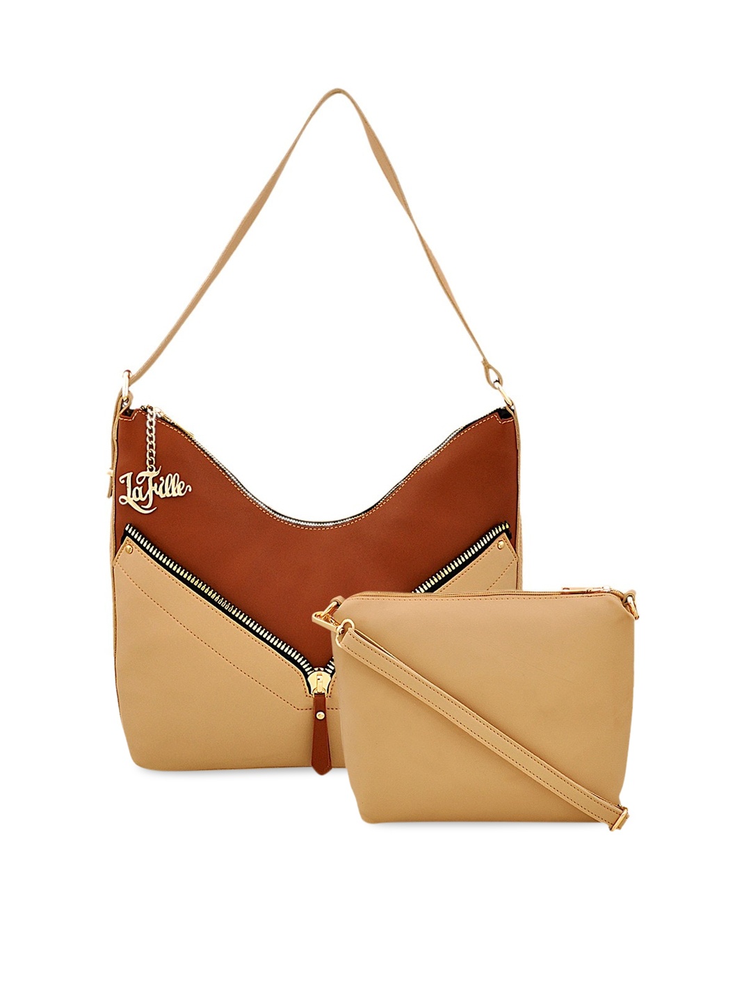 

LaFille Brown Colourblocked Structured Hobo Bag with Pouch