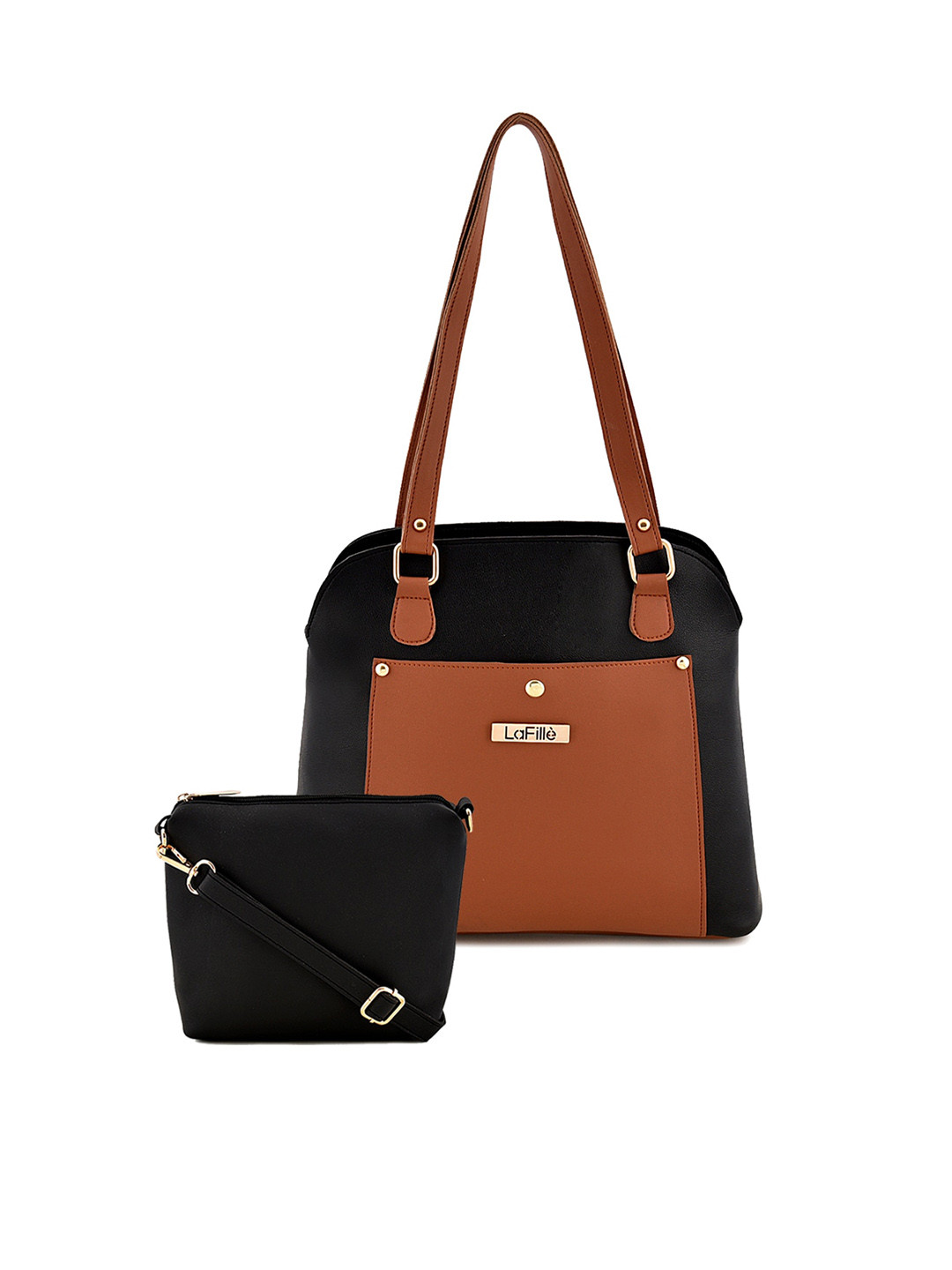 

LaFille Black Colourblocked PU Structured Shoulder Bag With Pouch