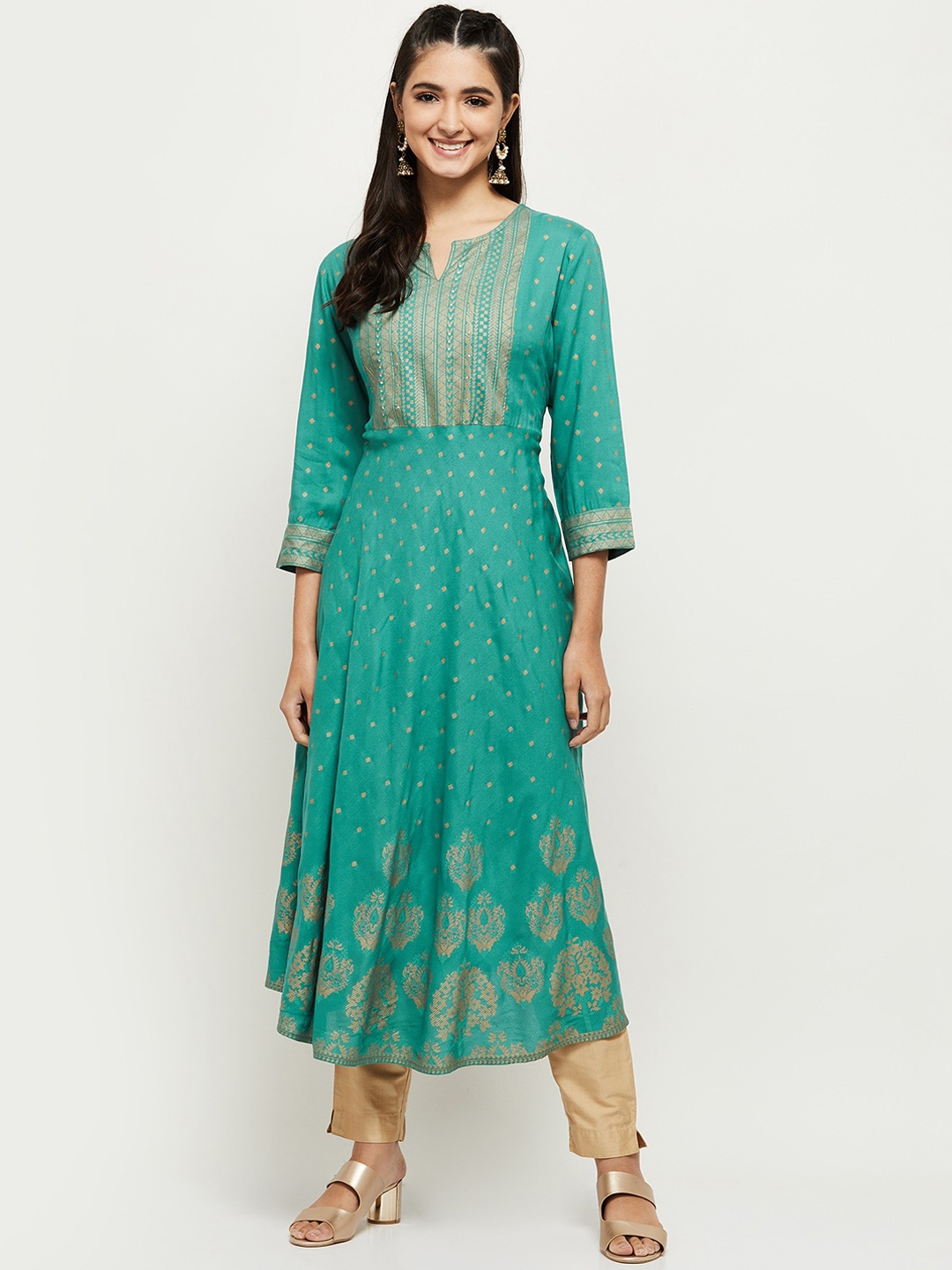

max Women Green Ethnic Motifs Printed Anarkali Kurta