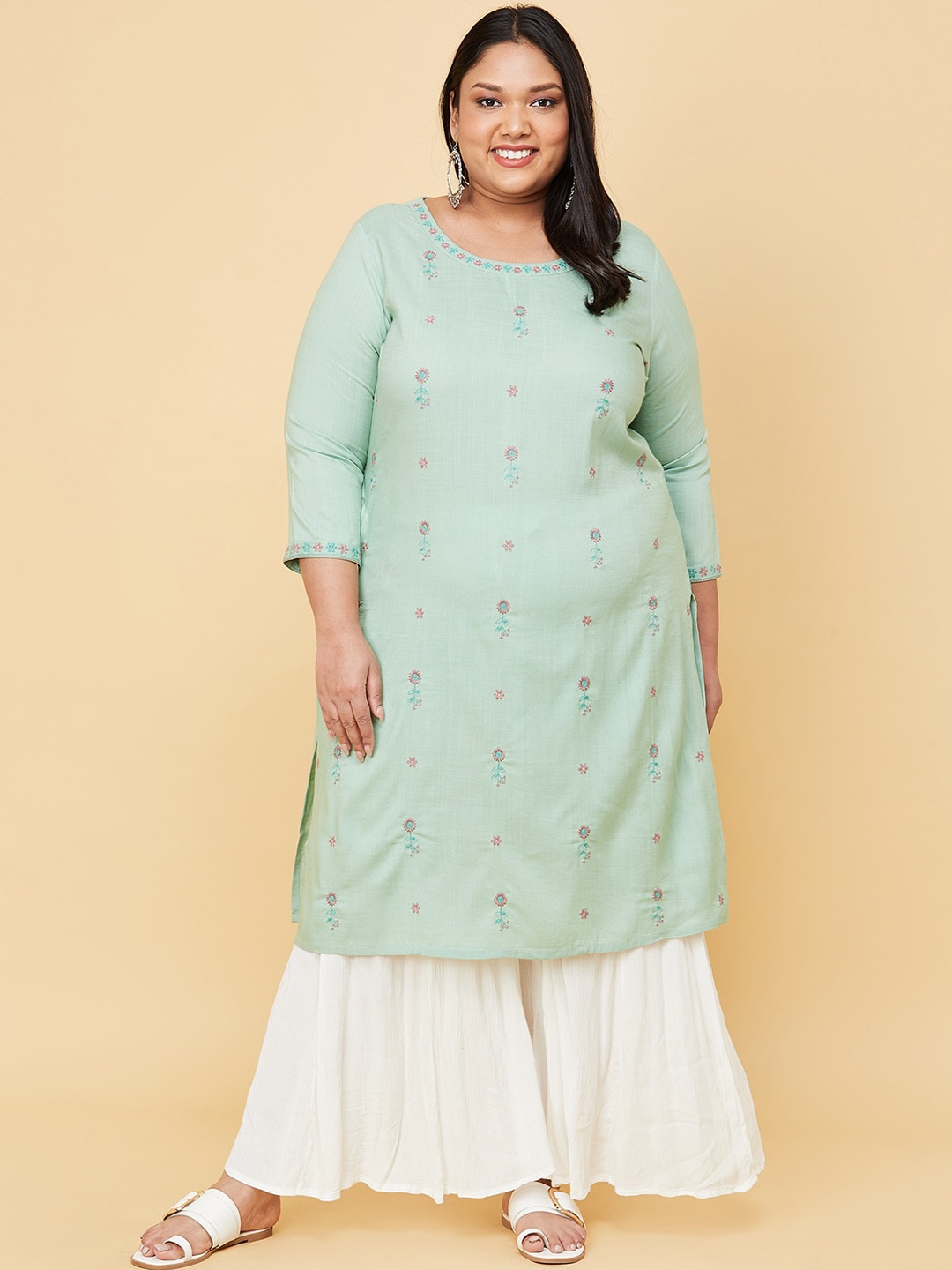 

max Women Plus Size Green Floral Embroidered A-Line Kurta