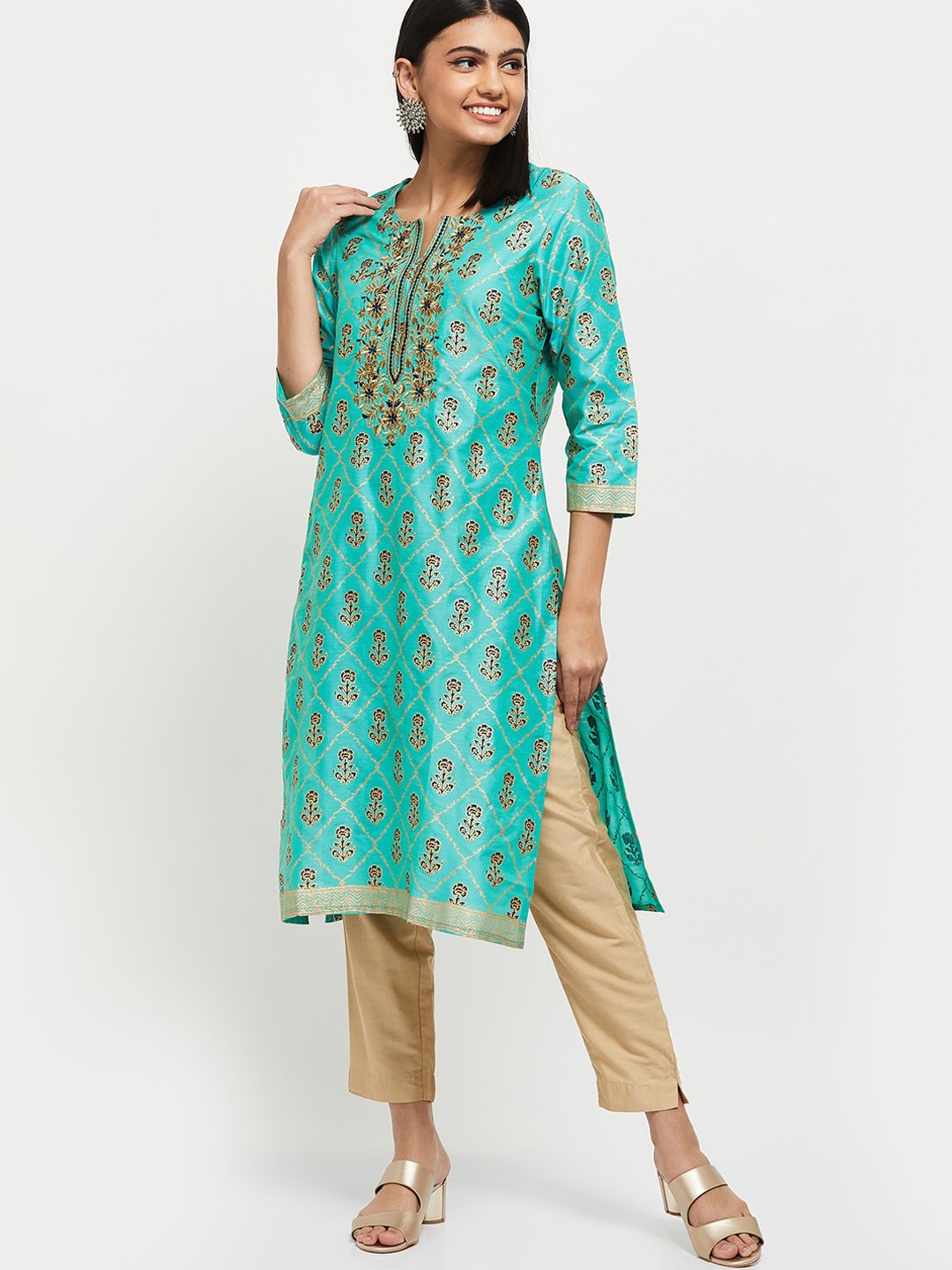 

max Women Teal & Gold-Toned Ethnic Motifs Yoke Design Thread Work Kurta