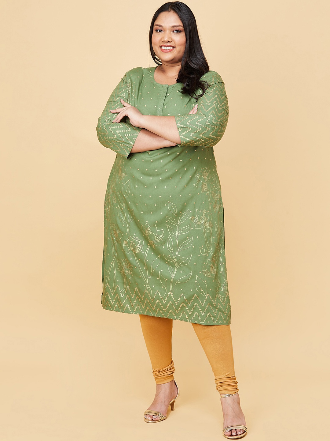 

max Women Plus Size Olive Green Bandhani Printed Straight Kurta