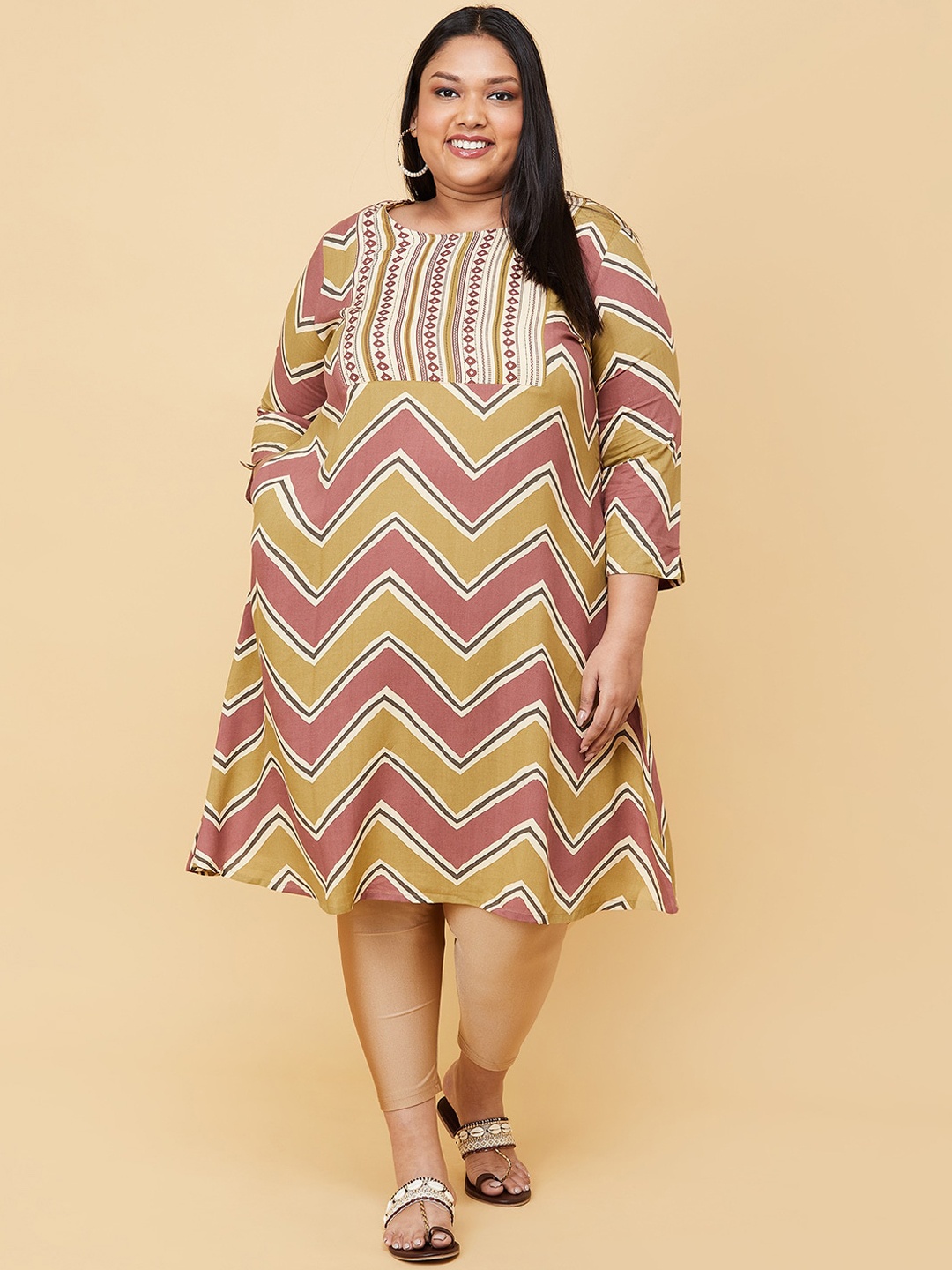 

max Women Plus Size Beige & Pink Chevron Printed Kurta