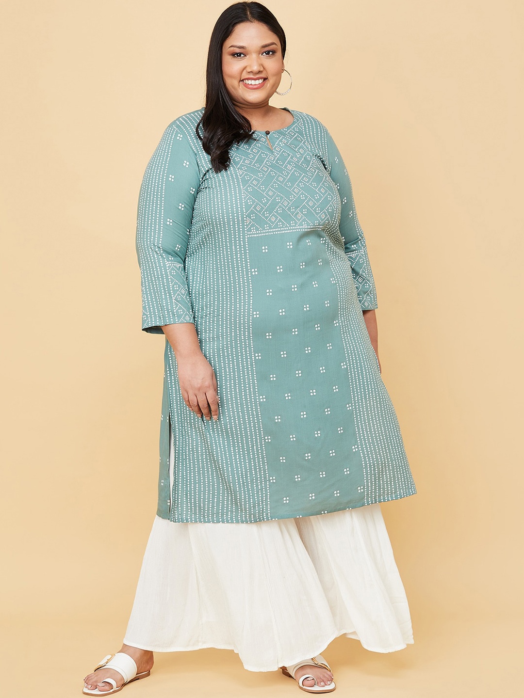 

max Plus Size Women Blue Geometric Printed Keyhole Neck Kurta