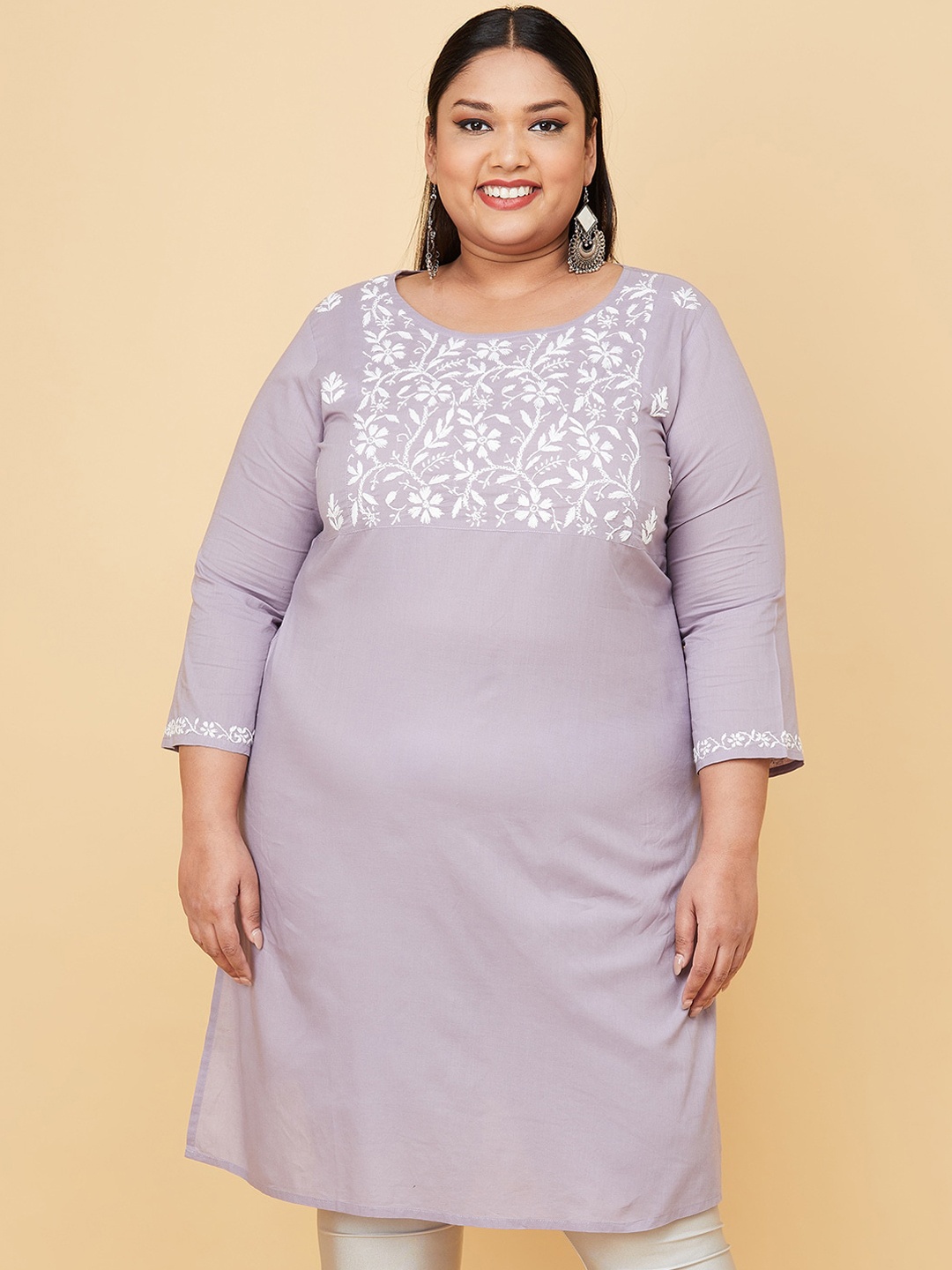 

max Women Plus Size Lavender Floral Yoke Design Chikankari Kurta