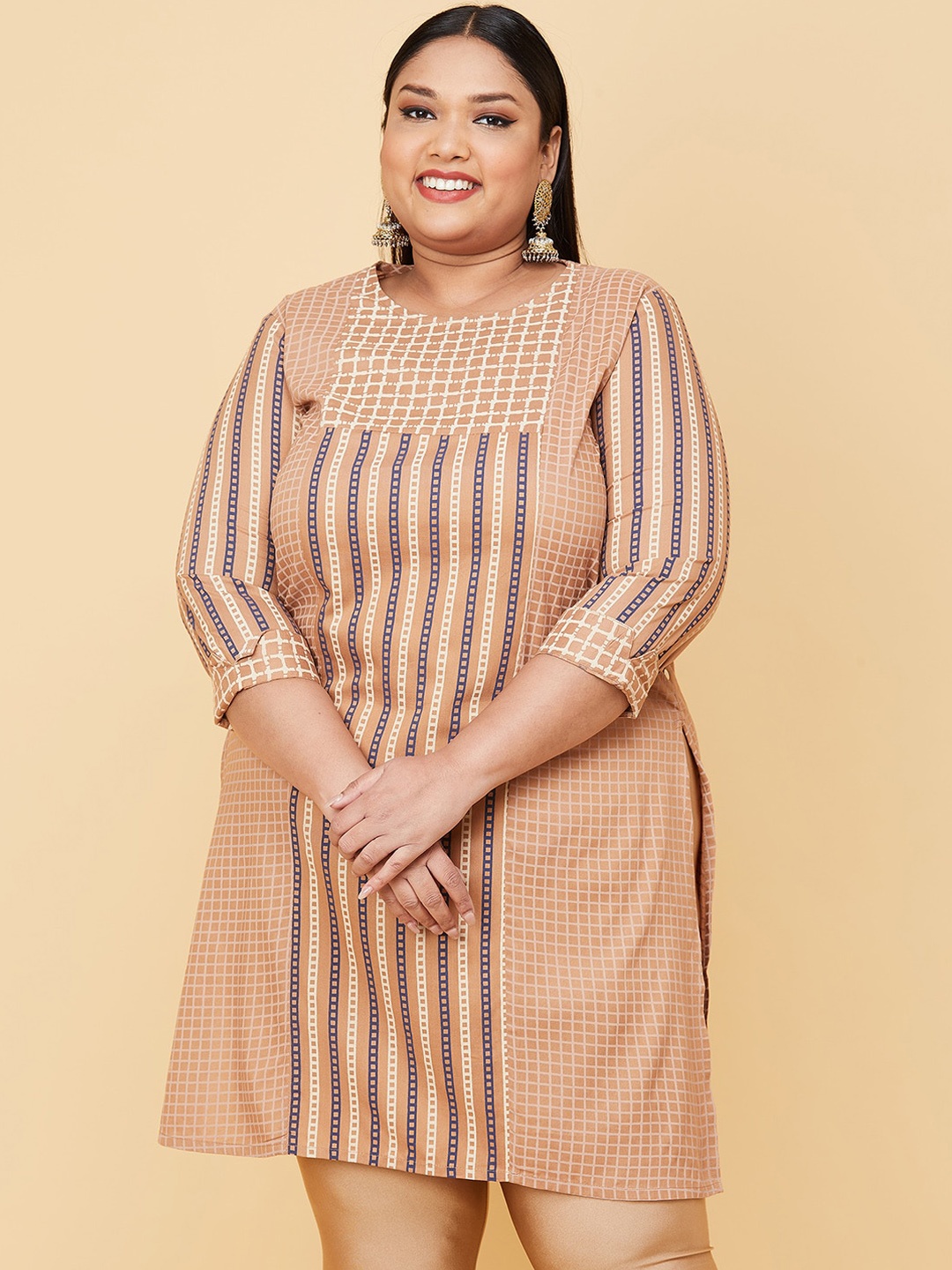 

max Women Plus Size Brown White Striped Kurta