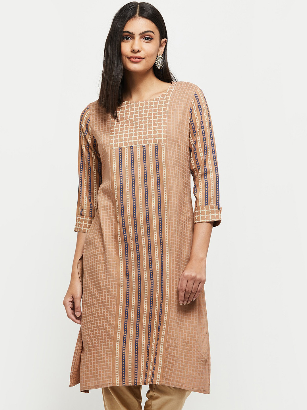 

max Women Brown Striped Kurta