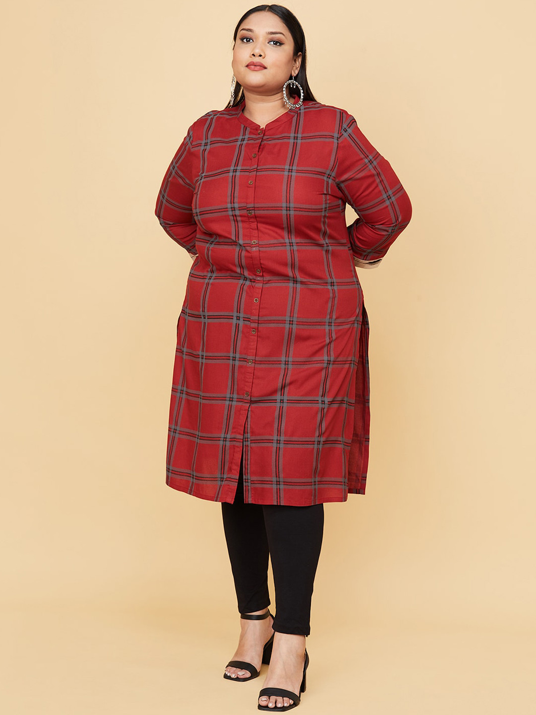 

max Women Plus Size Red Checked Kurta