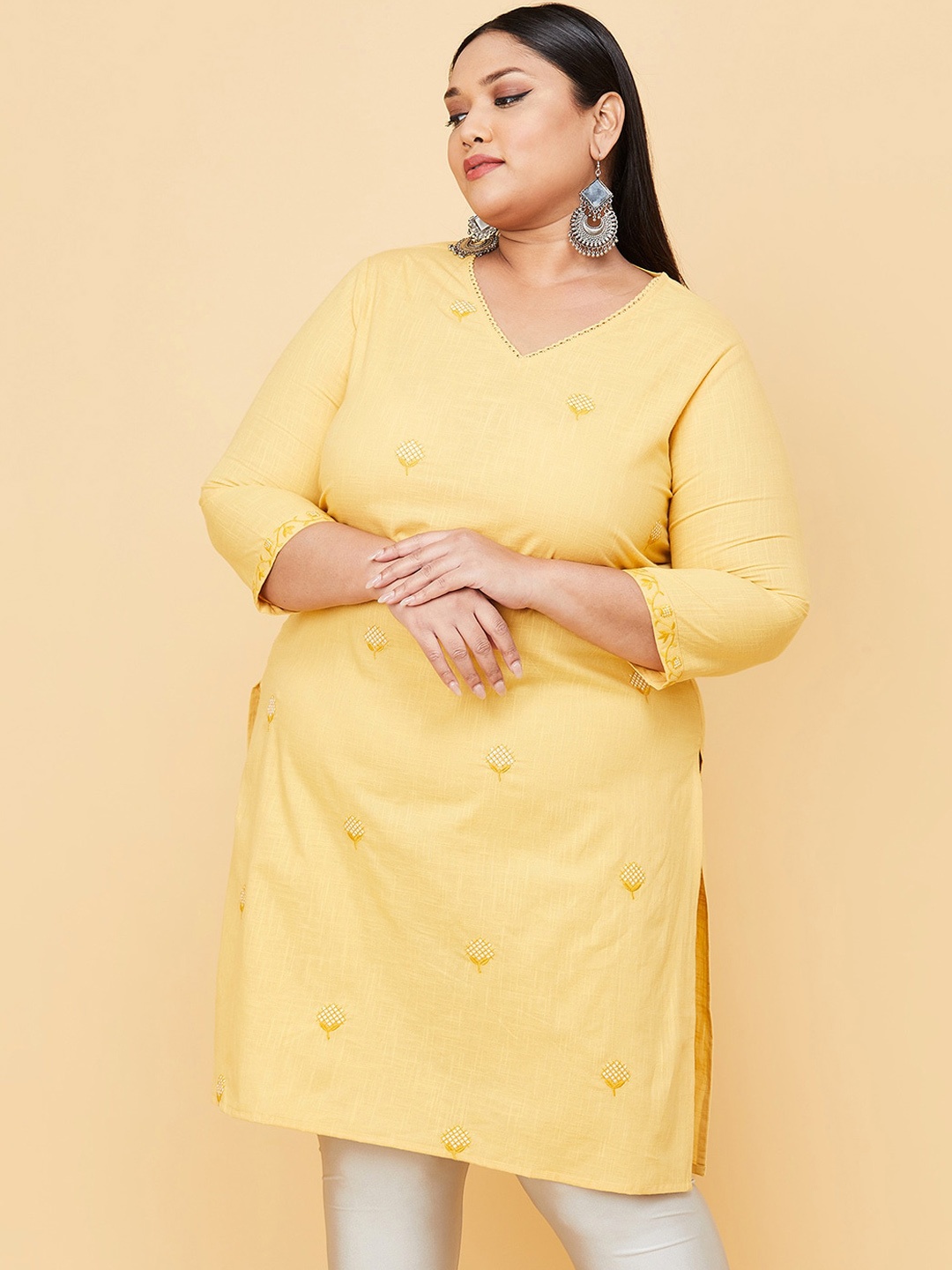 

max Women Plus Size Yellow Ethnic Motifs Embroidered Kurta