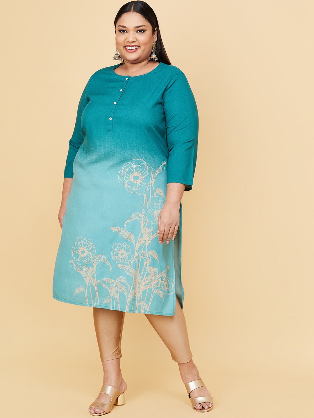 

max Women Plus Size Sea Green Floral Printed Ombre Kurta