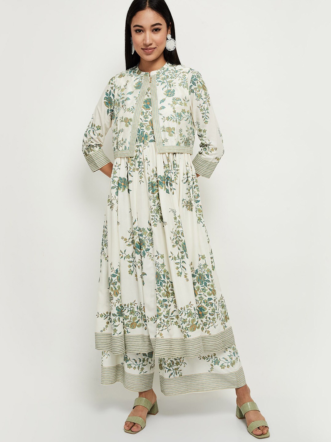 

max Women Off White & Green Floral Printed Anarkali Kurta