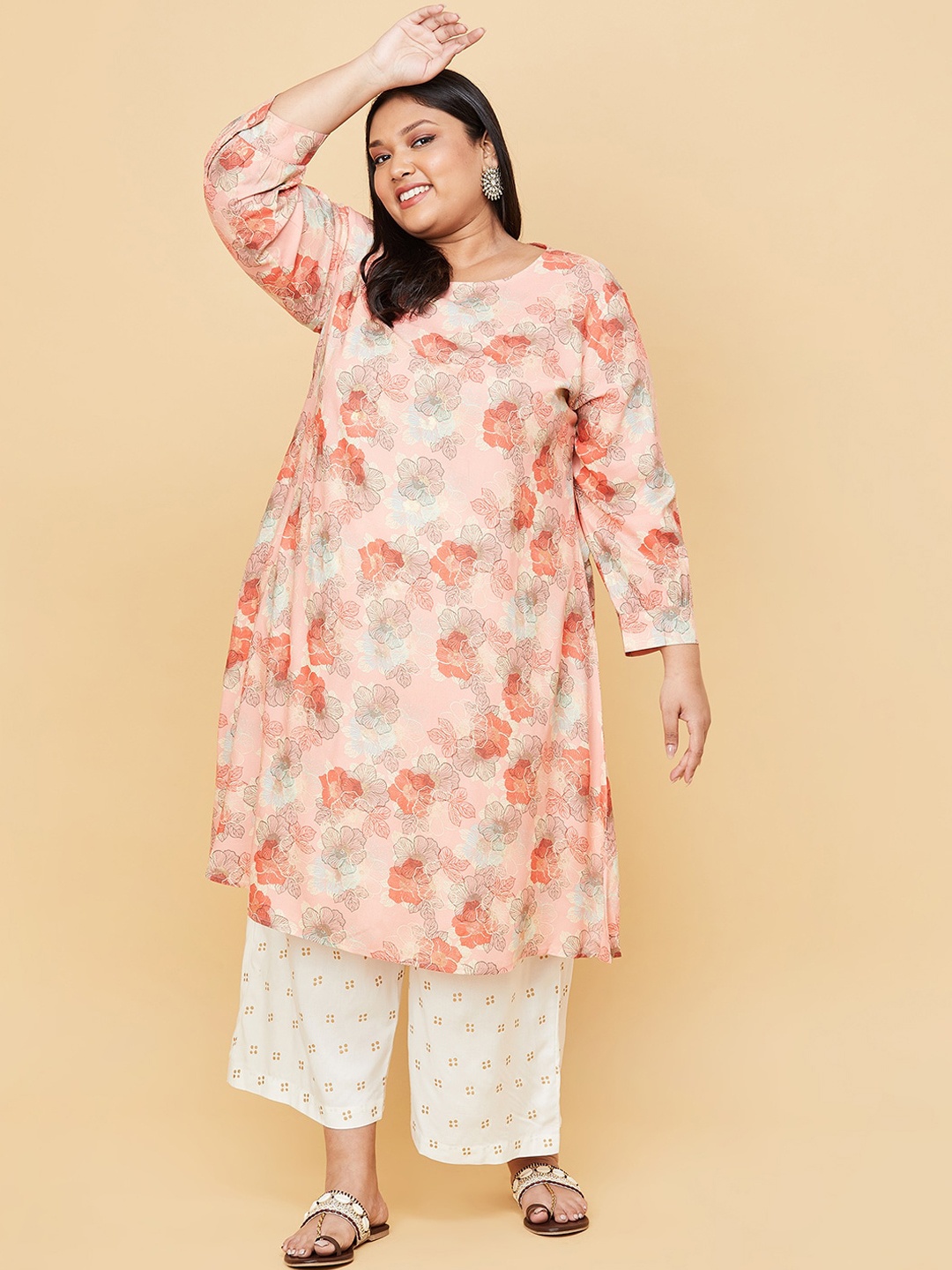

max Women Plus Size Peach-Coloured Floral Printed Kurta