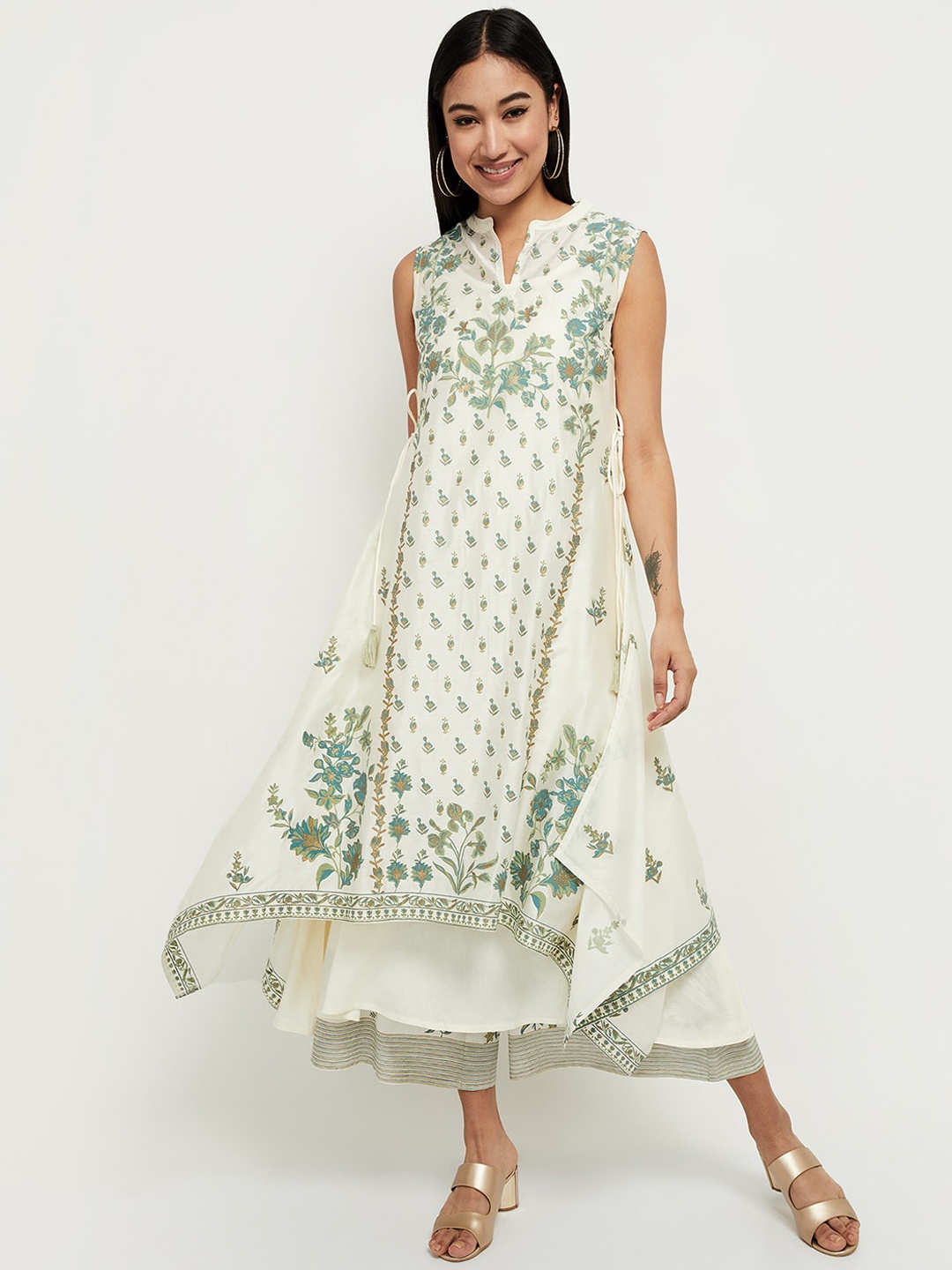 

max Women Off White & Green Floral Printed Layered Kurta
