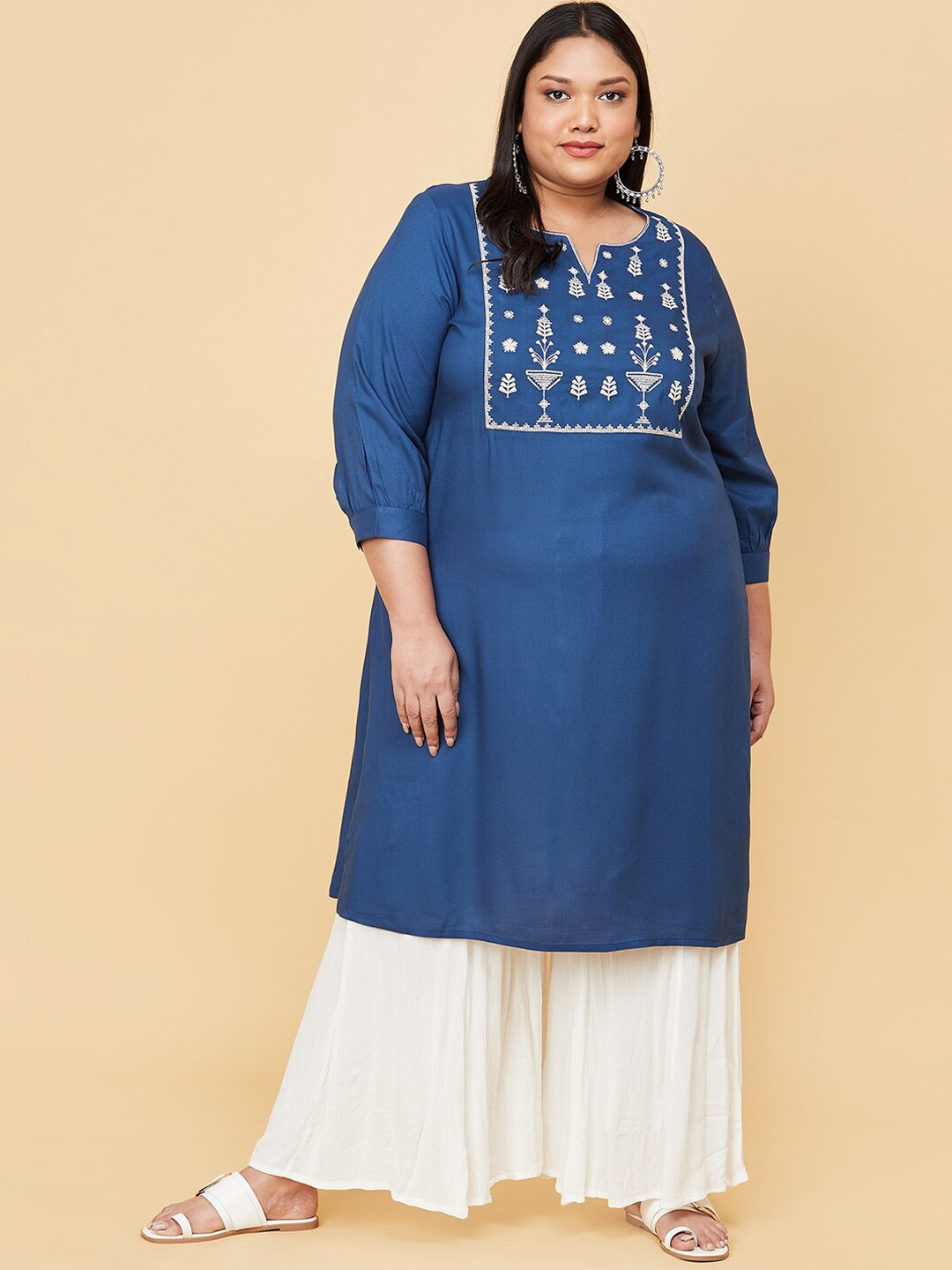 

max Women Plus Size Navy Blue Yoke Design Embroidered Straight Kurta