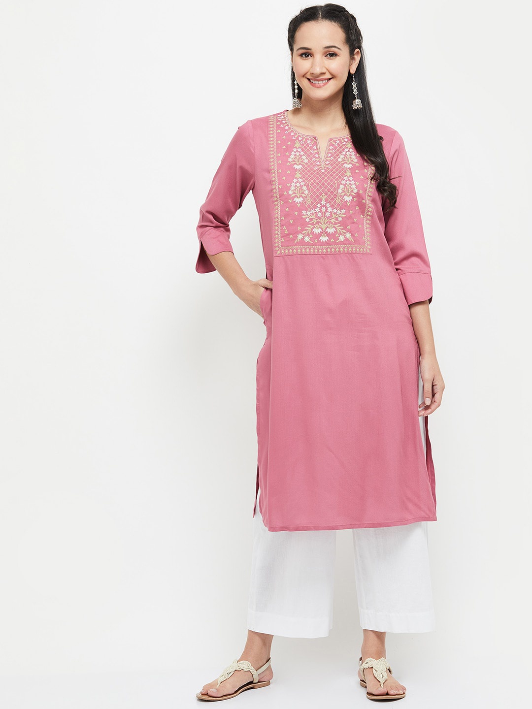 

max Women Pink Ethnic Motifs Yoke Design Kurta