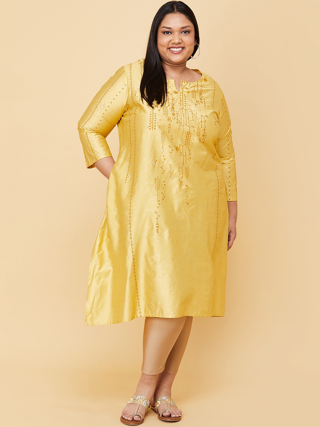

max Plus Size Women Mustard Yellow Ethnic Motifs Printed Keyhole Neck Flared Sleeves Kurta