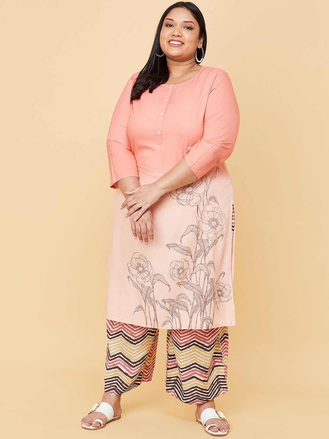

max Women Plus Size Pink Floral Printed Kurta