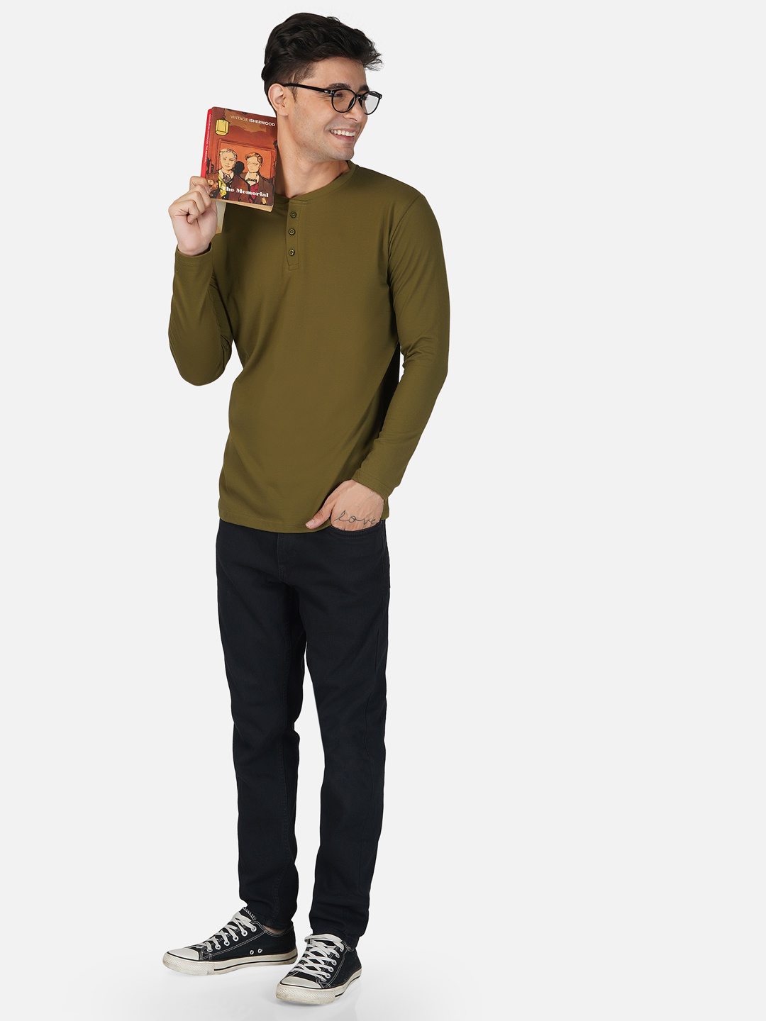 

Tinted Men Olive Green Henley Neck Cotton T-shirt