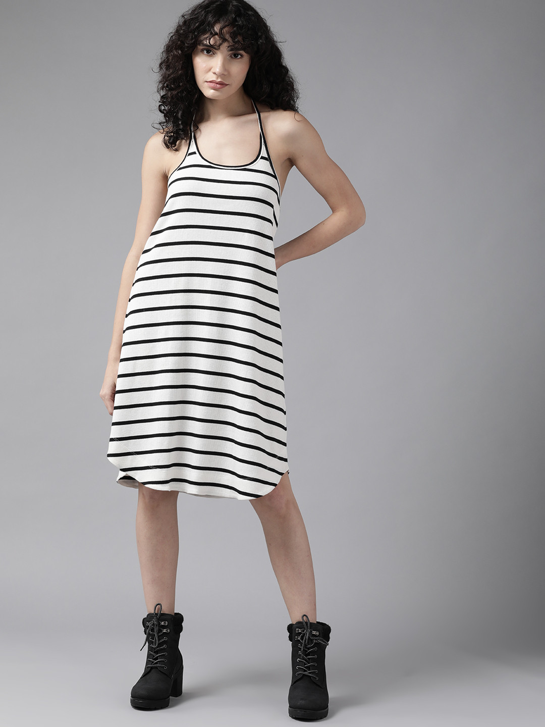 

Roadster White & Black Striped Halter Neck A-Line Dress