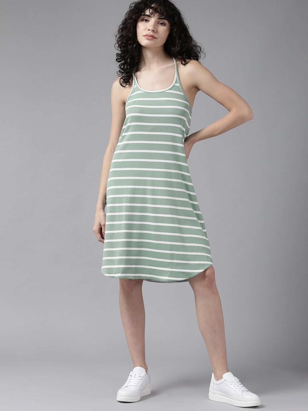 

Roadster Sage Green & White Striped A-Line Dress