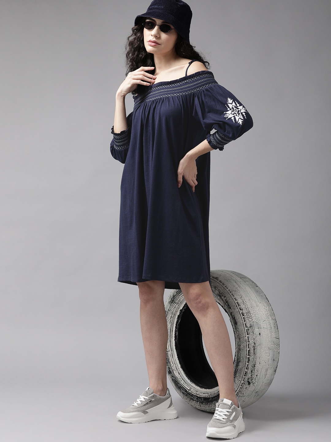 

The Roadster Lifestyle Co. Navy Blue Solid Smocked Off-Shoulder A-Line Dress