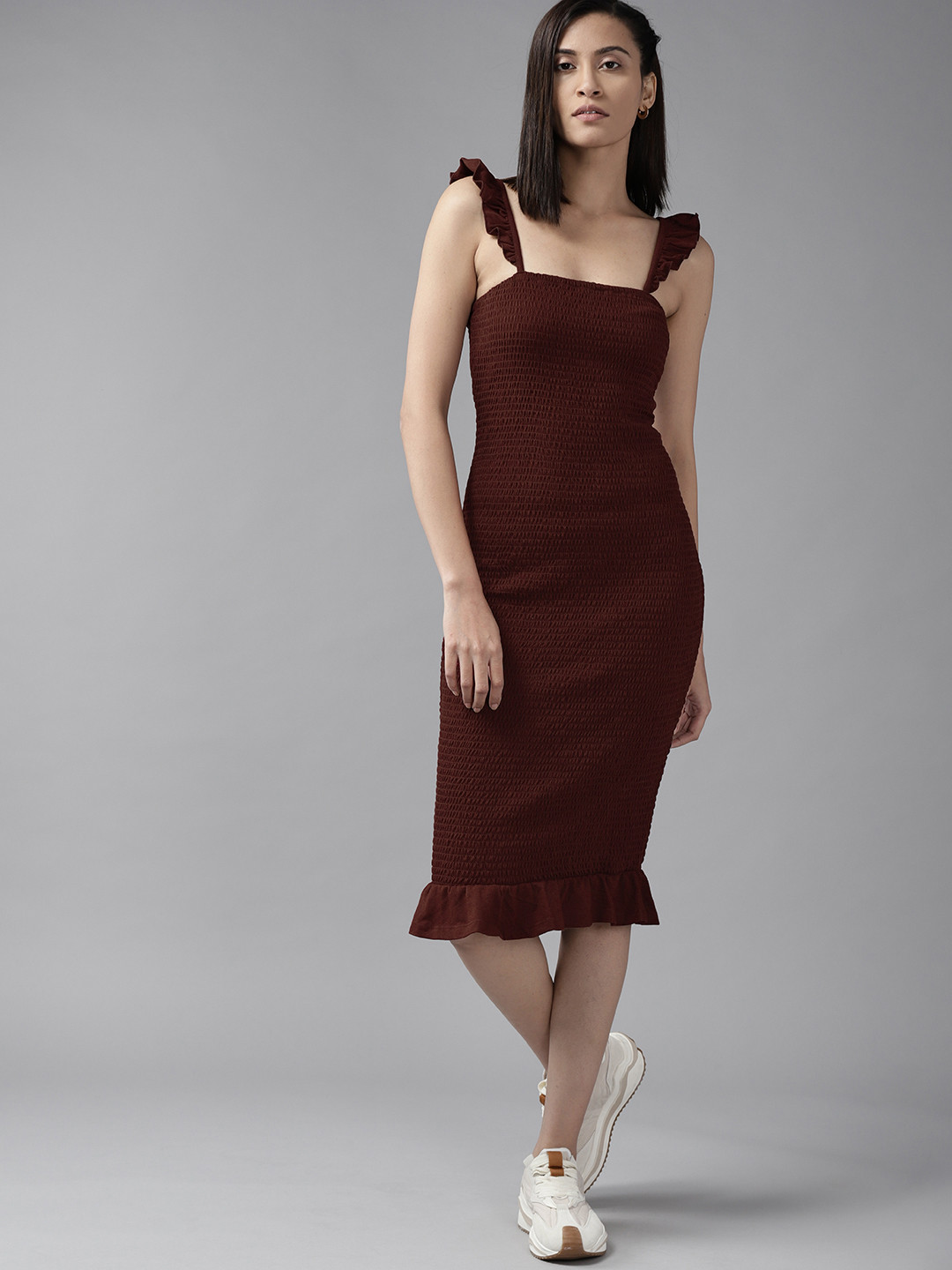

Roadster Women Burgundy Solid Smocked Sheath Dress