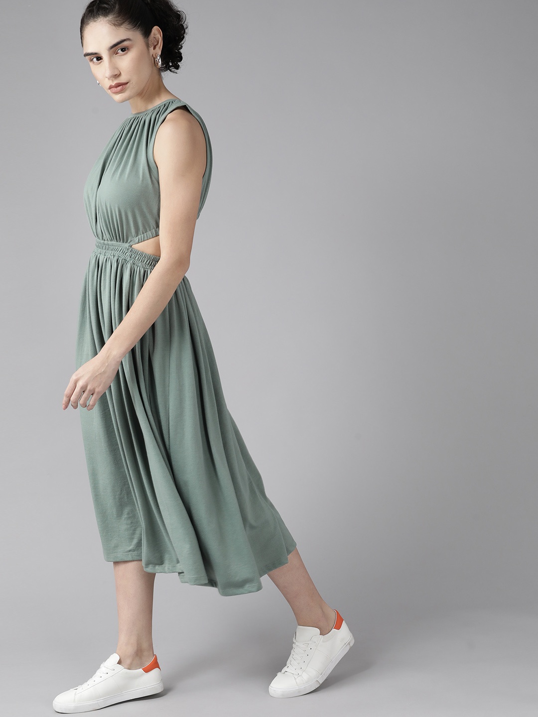 

Roadster Green Solid Cut-Out Detail A-Line Midi Dress