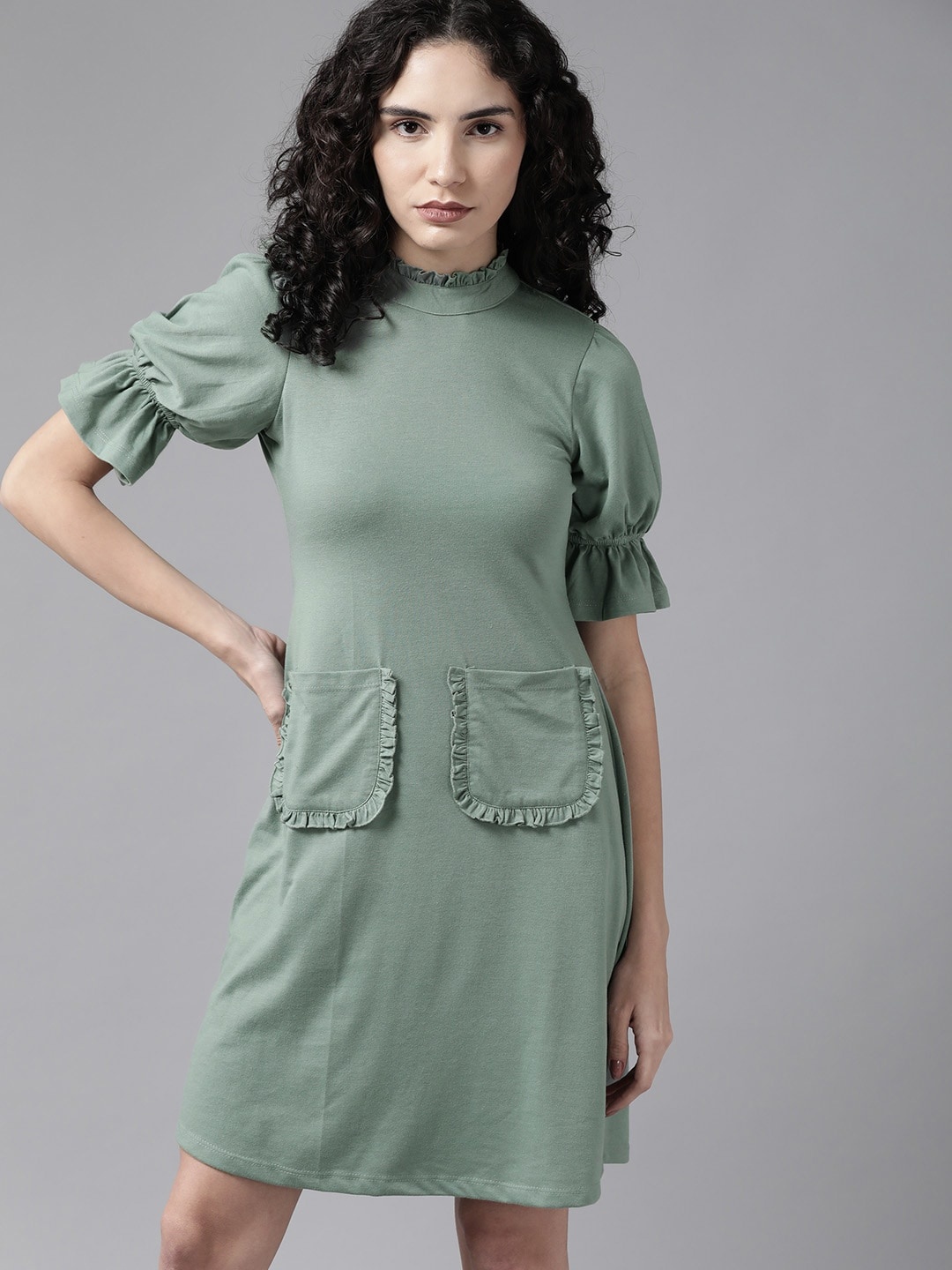 

Roadster Green Solid Ruffle Pocket Detail A-Line Dress