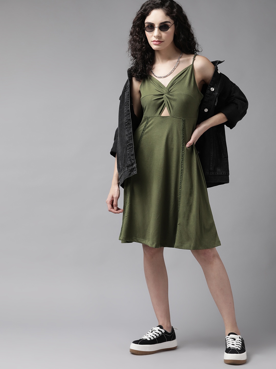 

The Roadster Lifestyle Co. Women Olive Green Solid A-Line Dress